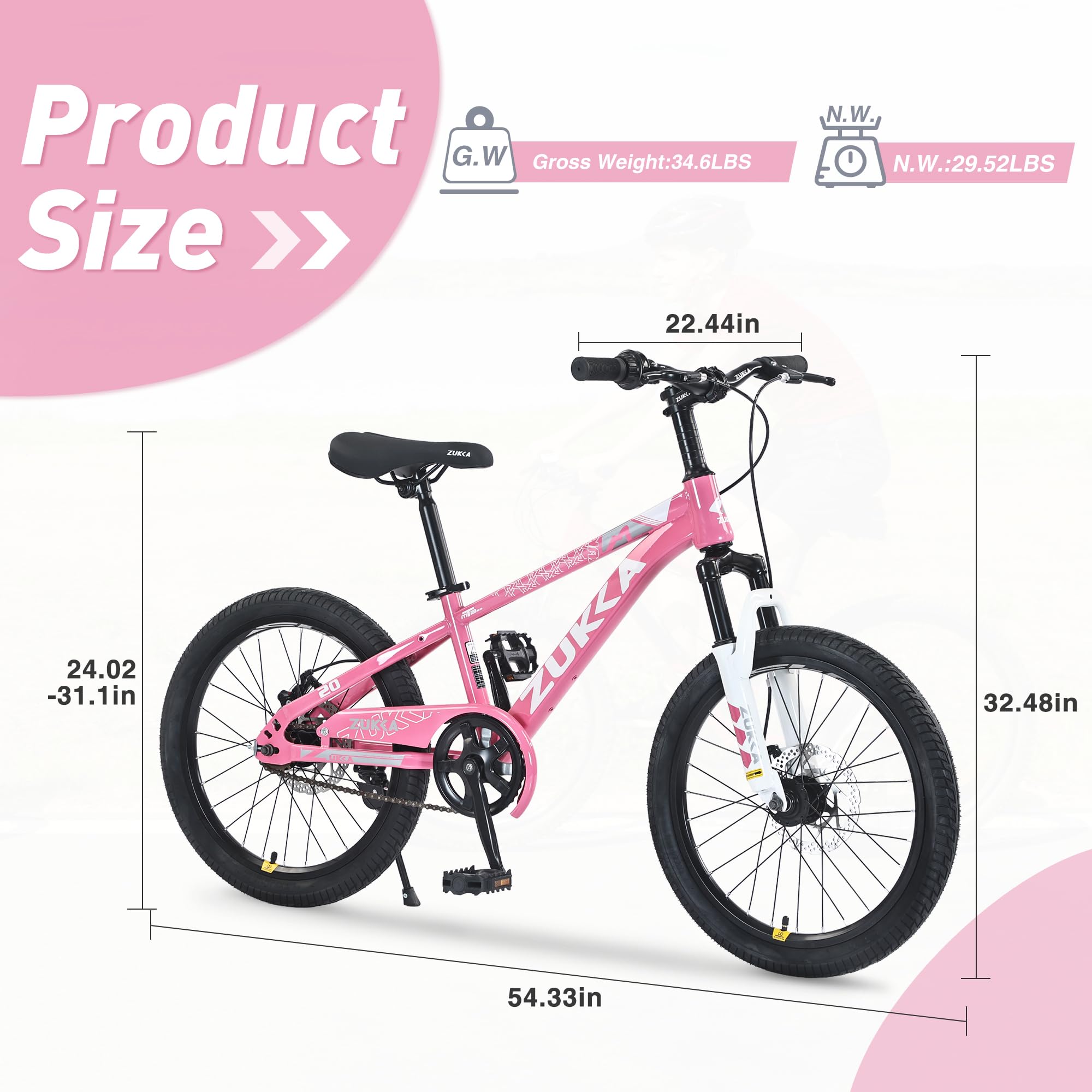 ZUKKA Kids Bike 20/24 Inch Mountain Bike Dual Disc Brake Suspension Fork Single Speed for Ages 7-12 Boys and Girls Youth Bicycle, Multiple Colors (Pink, 20 Inch)