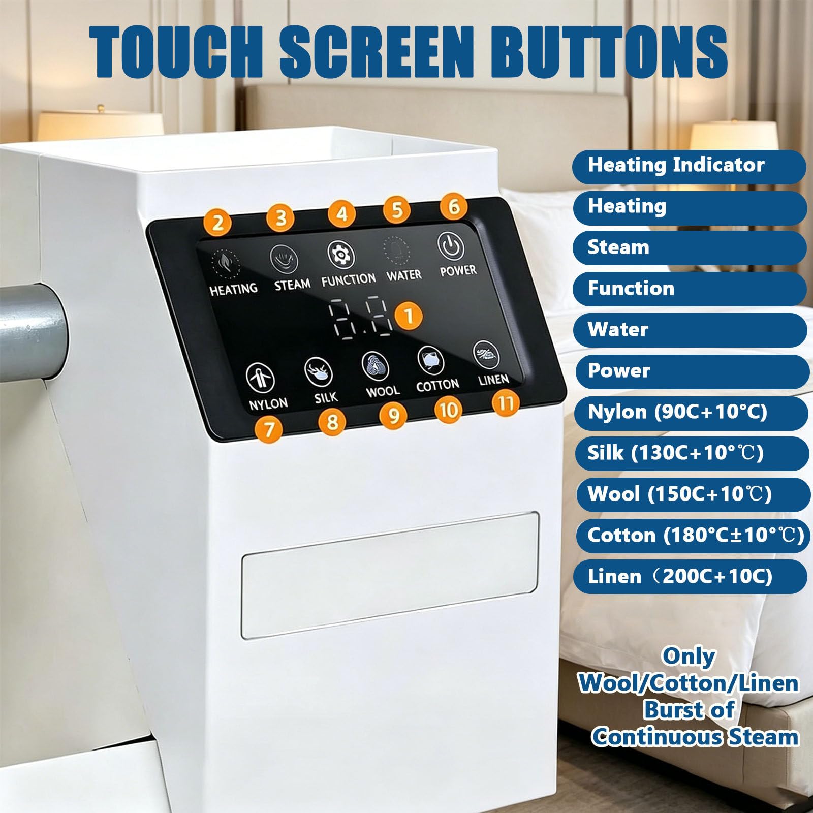 Gewerbliche Dampfbügelmaschine mit Rollenbügelwalze, 90 cm Rollenbügelwalze mit Touchscreen, Fußpedal, Dauerdampf (70 g/min), 2-Liter-Tank, 2,5 m/min Geschwindigkeit, für Hotelwäsche und Wäschereien