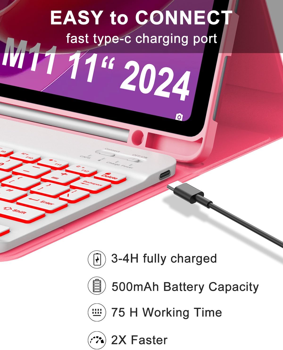 for Lenovo Tab M11 2024 11 Inch Case with Keyboard - 7 Colors Backlit Wireless Detachable Folio Keyboard Cover for Lenovo Tab M11 11” TB-330FU Tablet, Pen Holder Slim & Light, Crabapple red