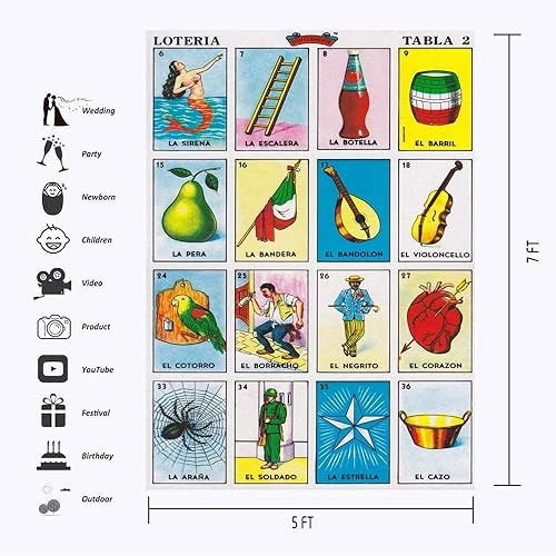 Miniatura 2 de Telón de fondo de tarjeta de lotería con temática de fiesta mexicana, tarjetas de lotería de México, fondo de fotografía de 5 x 7 pies, vinilo para