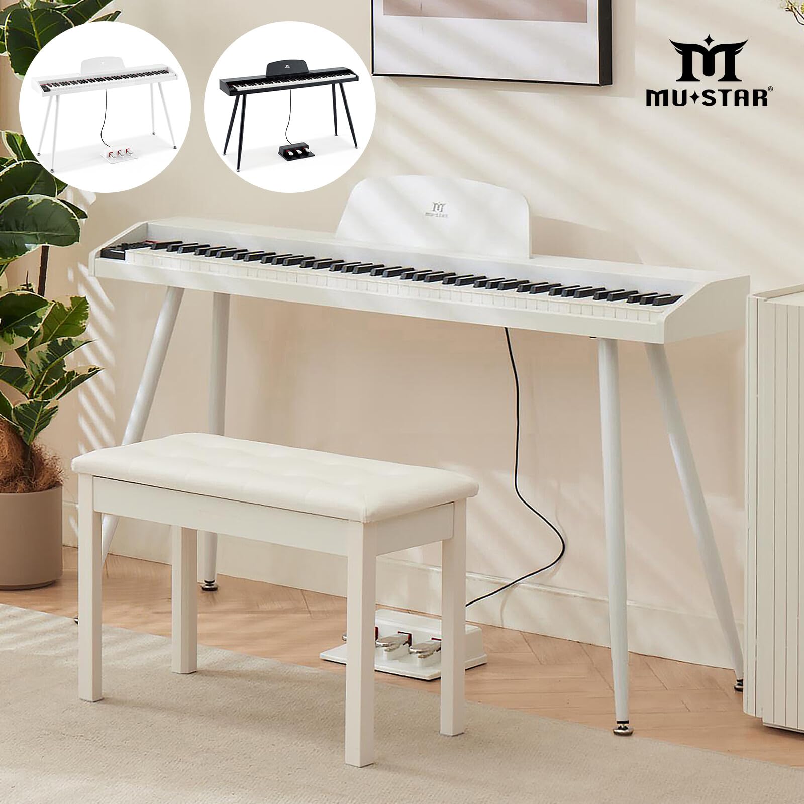 MUSTAR Piano numérique 88 touches pour débutants, clavier piano taille complète avec 3 unités de pédale, piano électrique portable, piano numérique pour la maison avec MIDI-USB et support, blanc