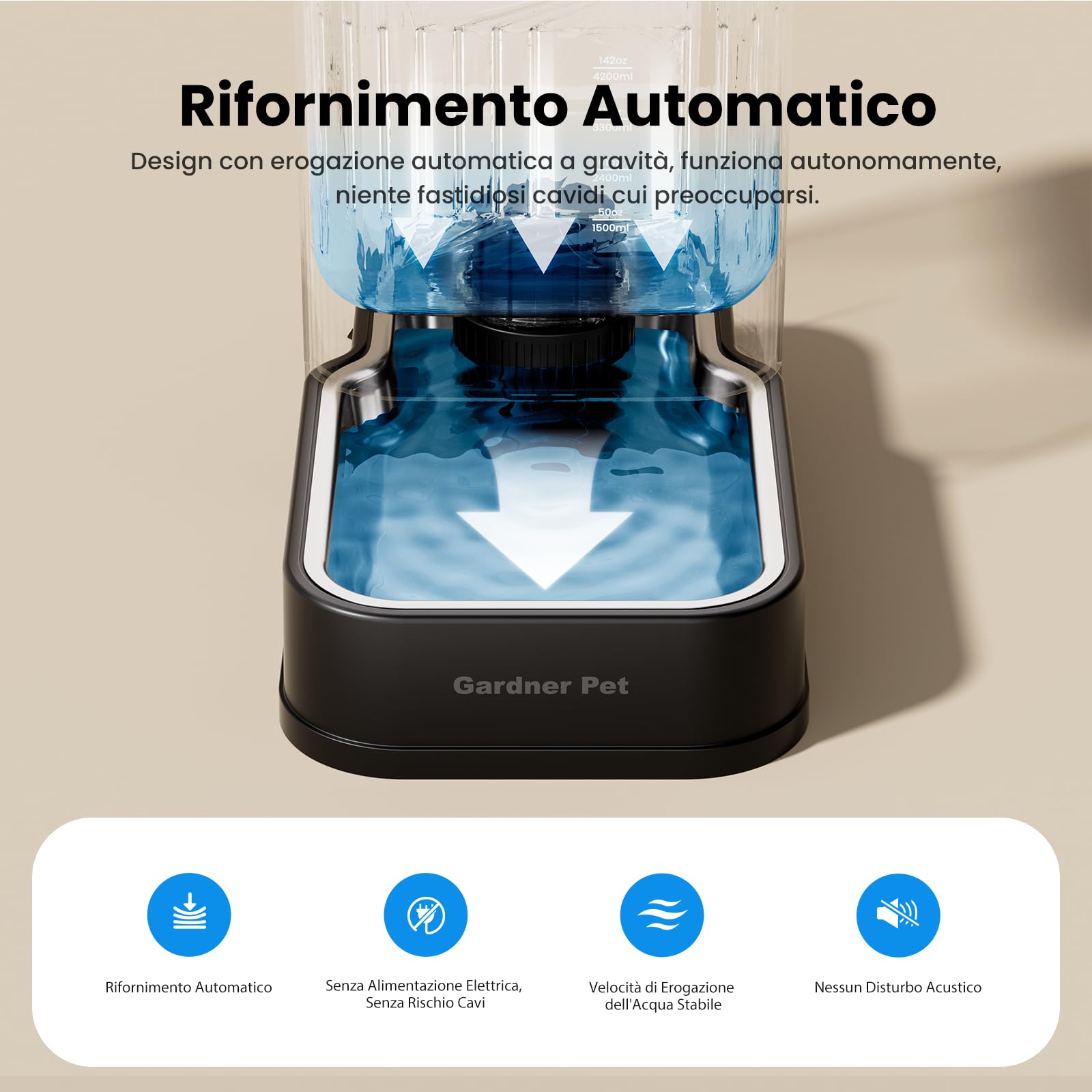 Gardner Pet distributore d'acqua automatico da 6,5L, abbeveratoio a gravità con ciotola in acciaio inossidabile, distributore di cibo per cani e gatti,BPA-free, senza elettricità, silenzioso