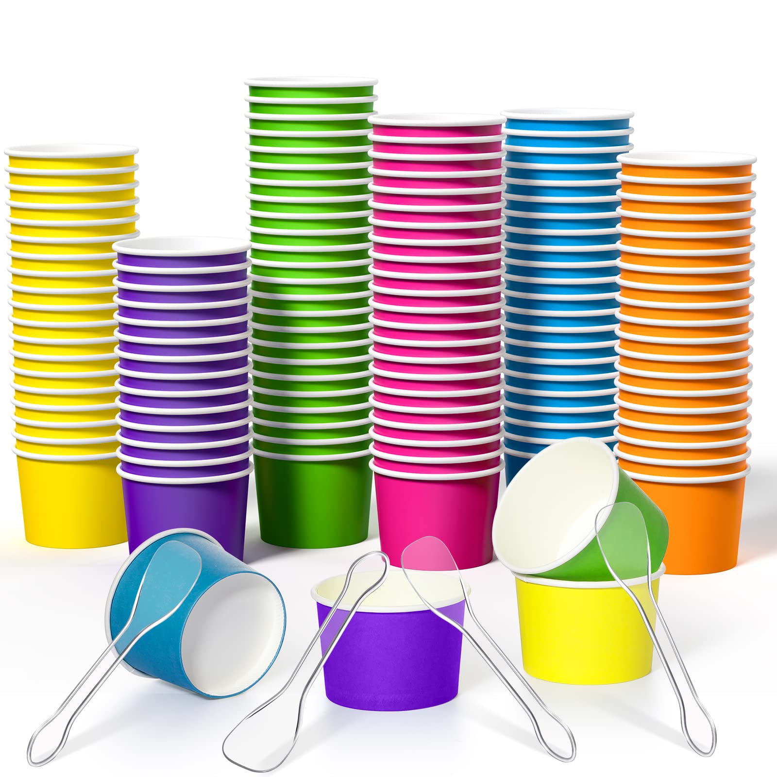 Boao 100 Set 5 oz Ice Cream Cups with Spoons Disposable Paper Sundae Dessert Bowls Summer Party Supplies (Colorful Style)