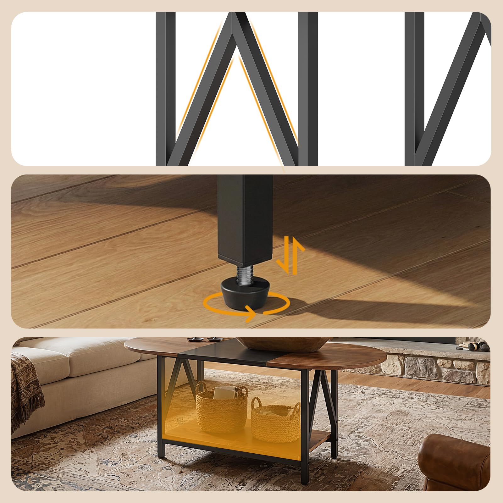 HOOBRO Tavolino da Salotto Ovale a 2 Livelli con Ripiano Aperto, Tavolino da caffè in Stile Moderno per Ambienti Piccoli, Soggiorno e Sala da Pranzo, Marrone Vintage e Nero EBFK13KF01
