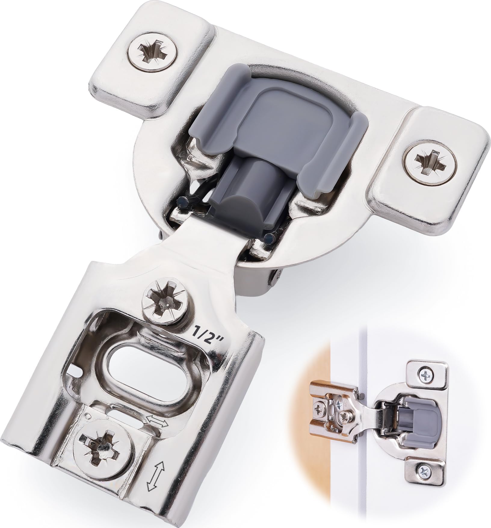 DecoBasics 60 Pack 1/2 inch Overlay Soft Close Cabinet Hinges for Kitchen Cabinets Door -Concealed Self Closing Face Frame Cabinet Hinge Brushed Nickel -Built-in Soft Close Hinges Damper-3 Way Adjust