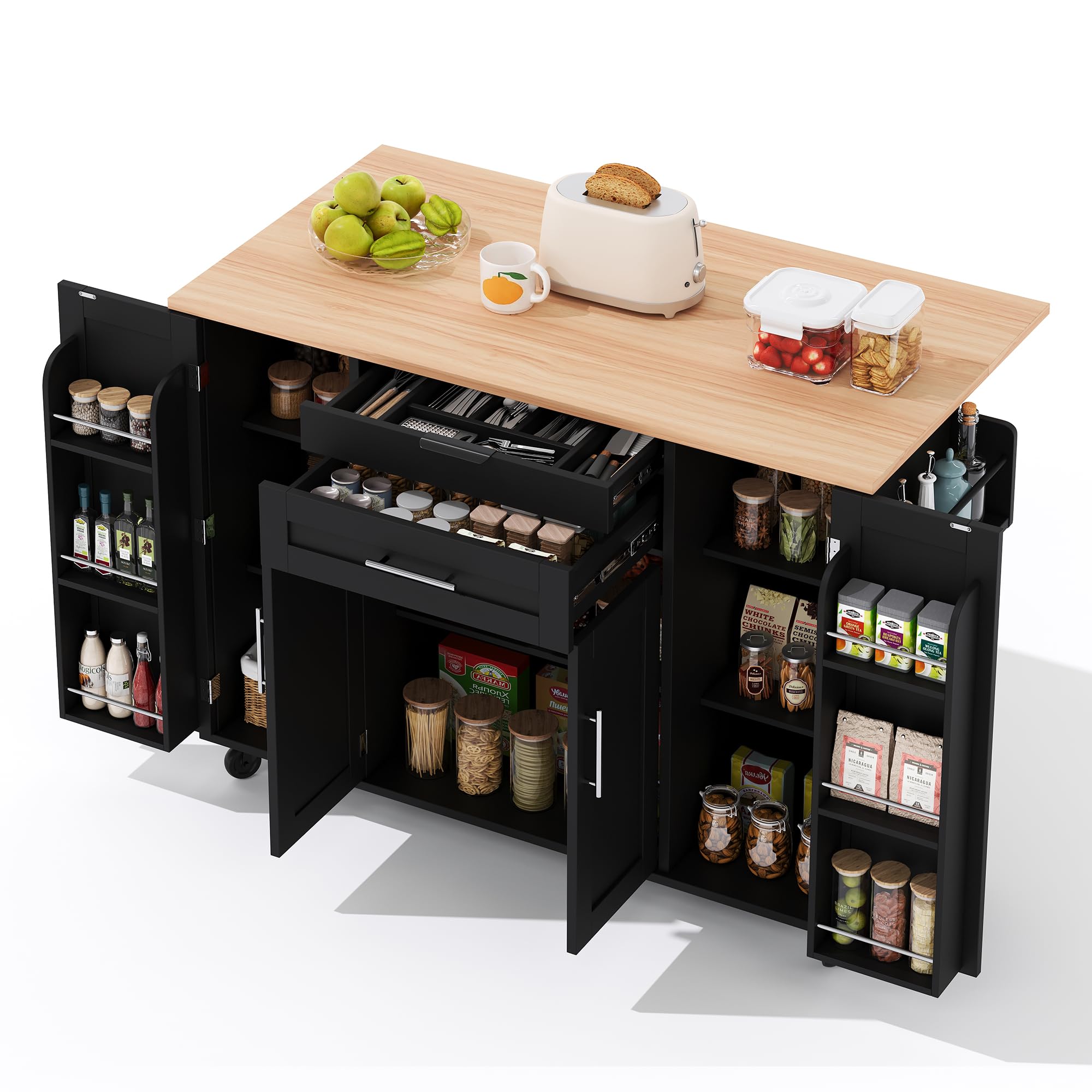 Carrello da cucina autoportante su ruote, piano di lavoro pieghevole, 2 cassetti, grande capienza: 136 x 70 x 92 cm, nero, perfetto per cucina, sala da pranzo, terrazza, soluzione salvaspazio