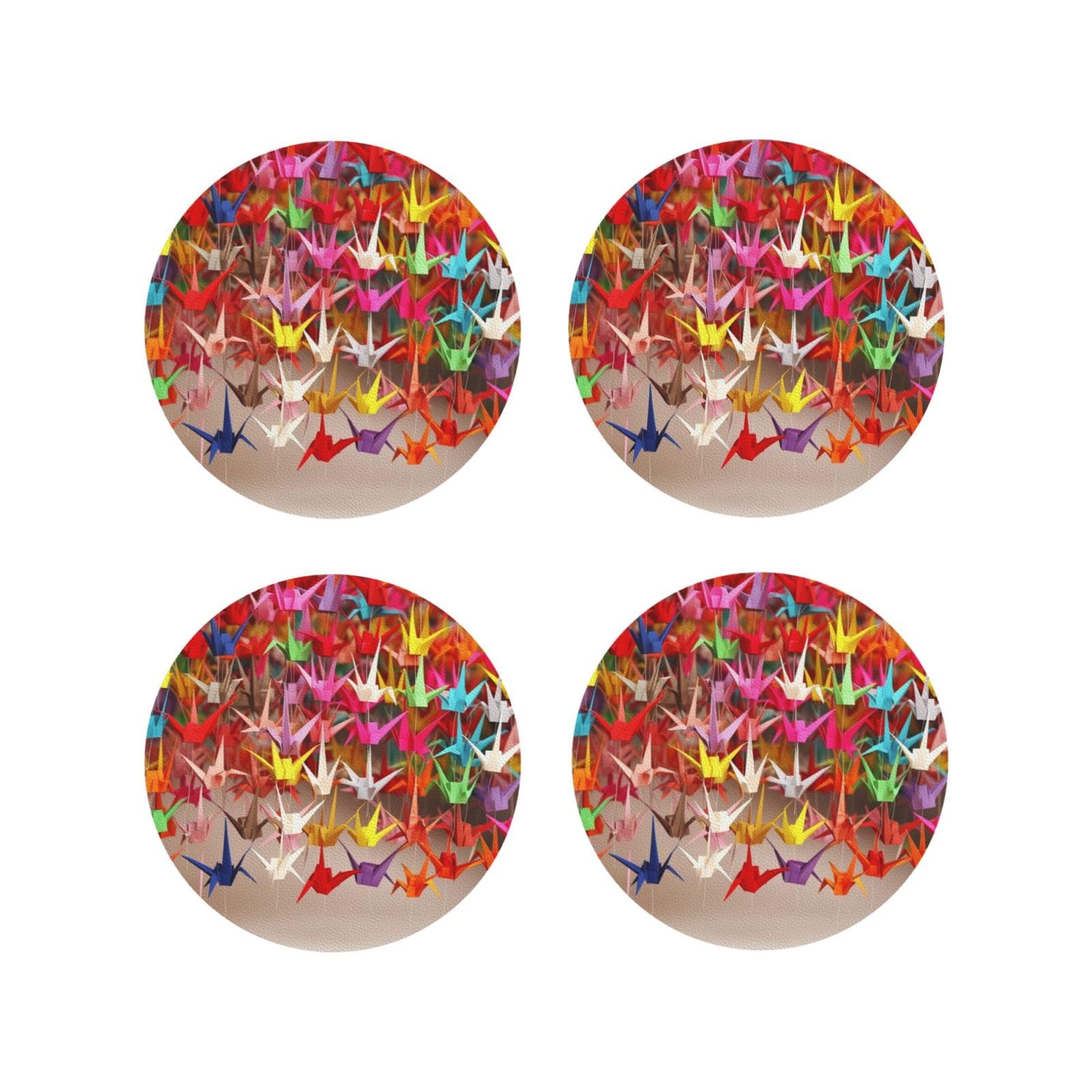 4Pcs PU Leather Coaster for Drinks, Origami Paper Cranes Cup Coastersr 4" Cup Mat Pad, Aesthetic Drink Coasters for Coffee Table, Round Shape Coaster for Tabletop Protection