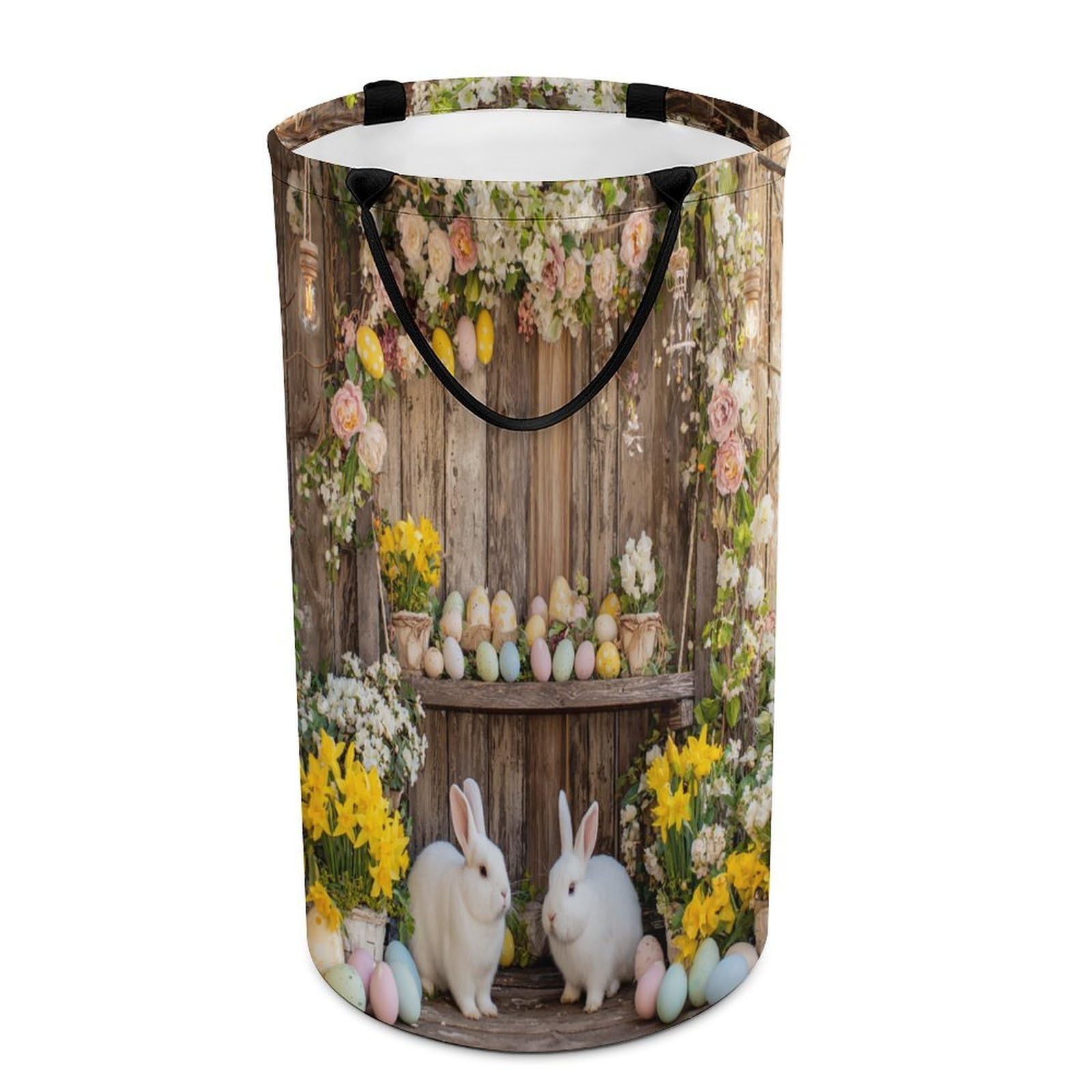 LUYYSKY Cute Classic Animals Rabbits Versatile Storage Laundry Basket, Rustic Realistic Spring Easter Colorful Eggs Animals Bunny Large Capacity Bathroom Hamper With Handle