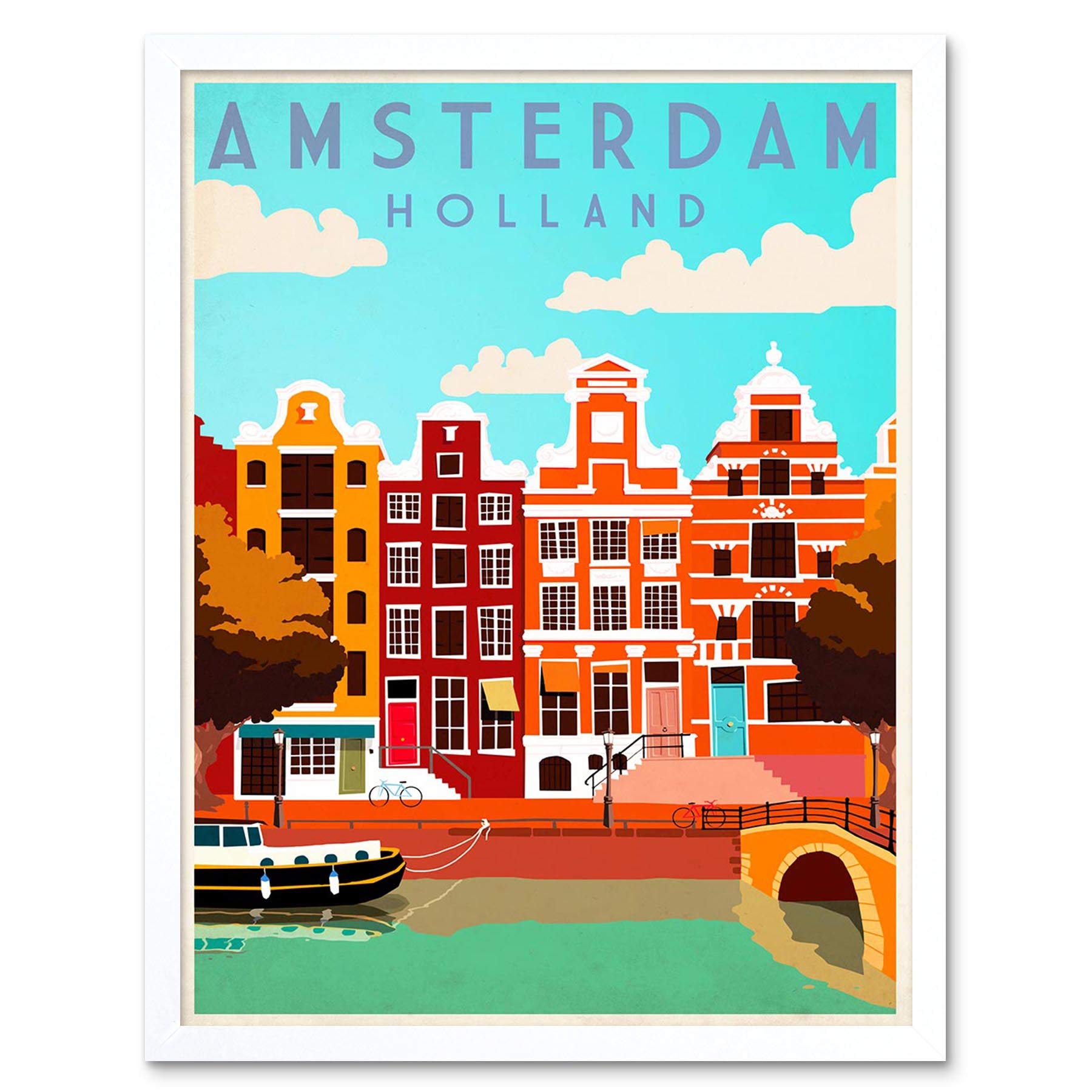 Wee Blue Coo Travel Tourism Amsterdam Holland Netherlands Canal Boat Houses Art Print Framed Poster Wall Decor 12X16 Inch