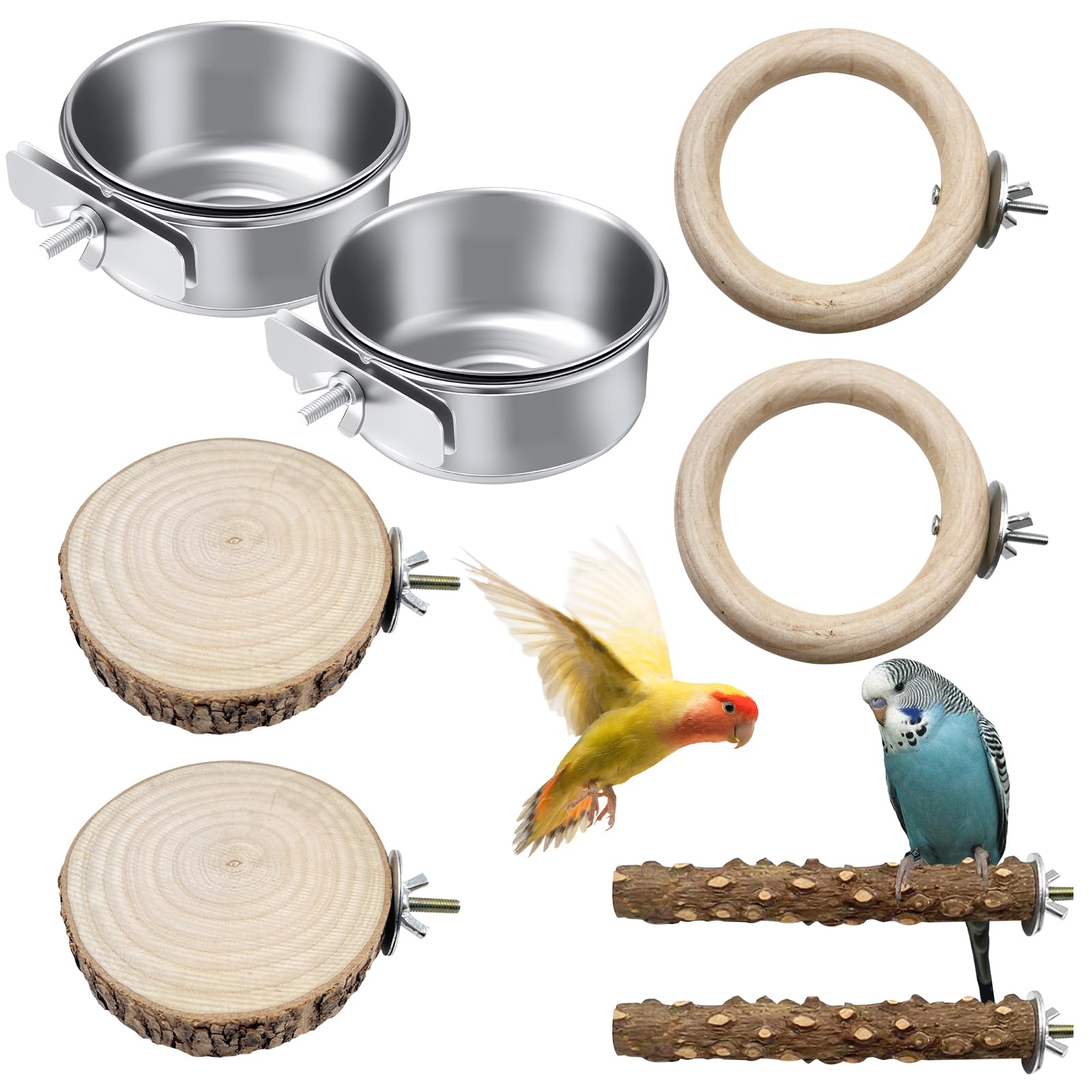Set di 8 posatoi naturali per uccelli, in acciaio inox, per uccelli, per appendere il pappagallino, per uccelli, accessori per parrocchetti, canarini, agapornidi