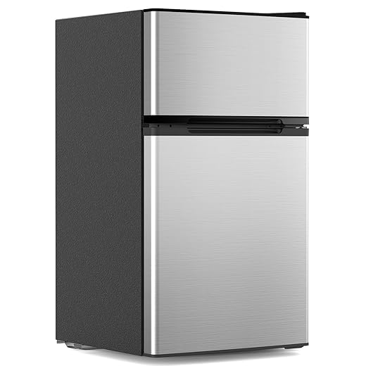 3.1 Cu.Ft Mini Fridge with Freezer, 2 Door Compact Refrigerator, Mini Fridge with Adjustable Removable Glass Shelves for Bedroom, Office, Dorm or Apartment, Stainless Steel