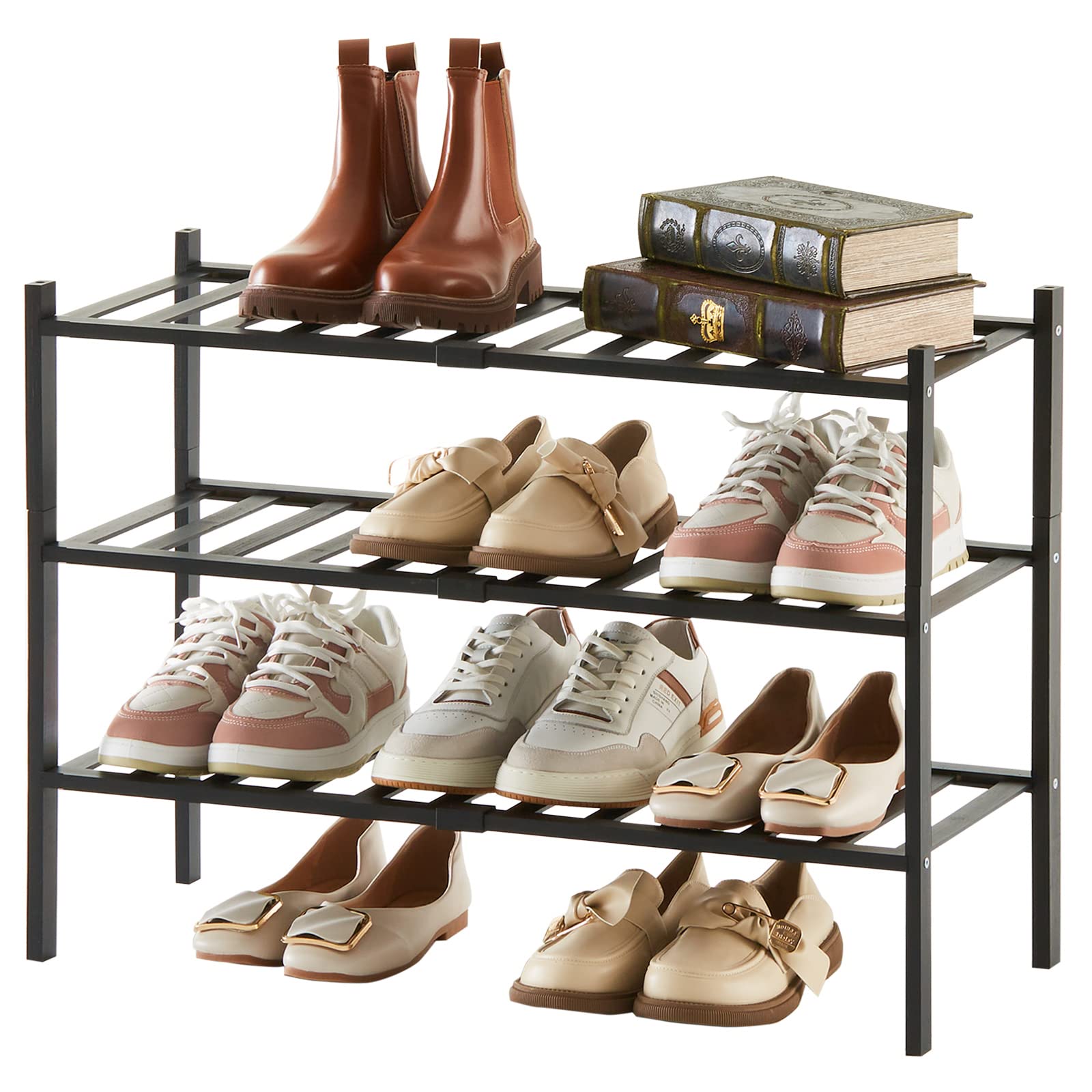 quiseolu Bamboo Shoe Rack 3 Tier Stackable Shoe Shelf 1 + 2 Tier Small