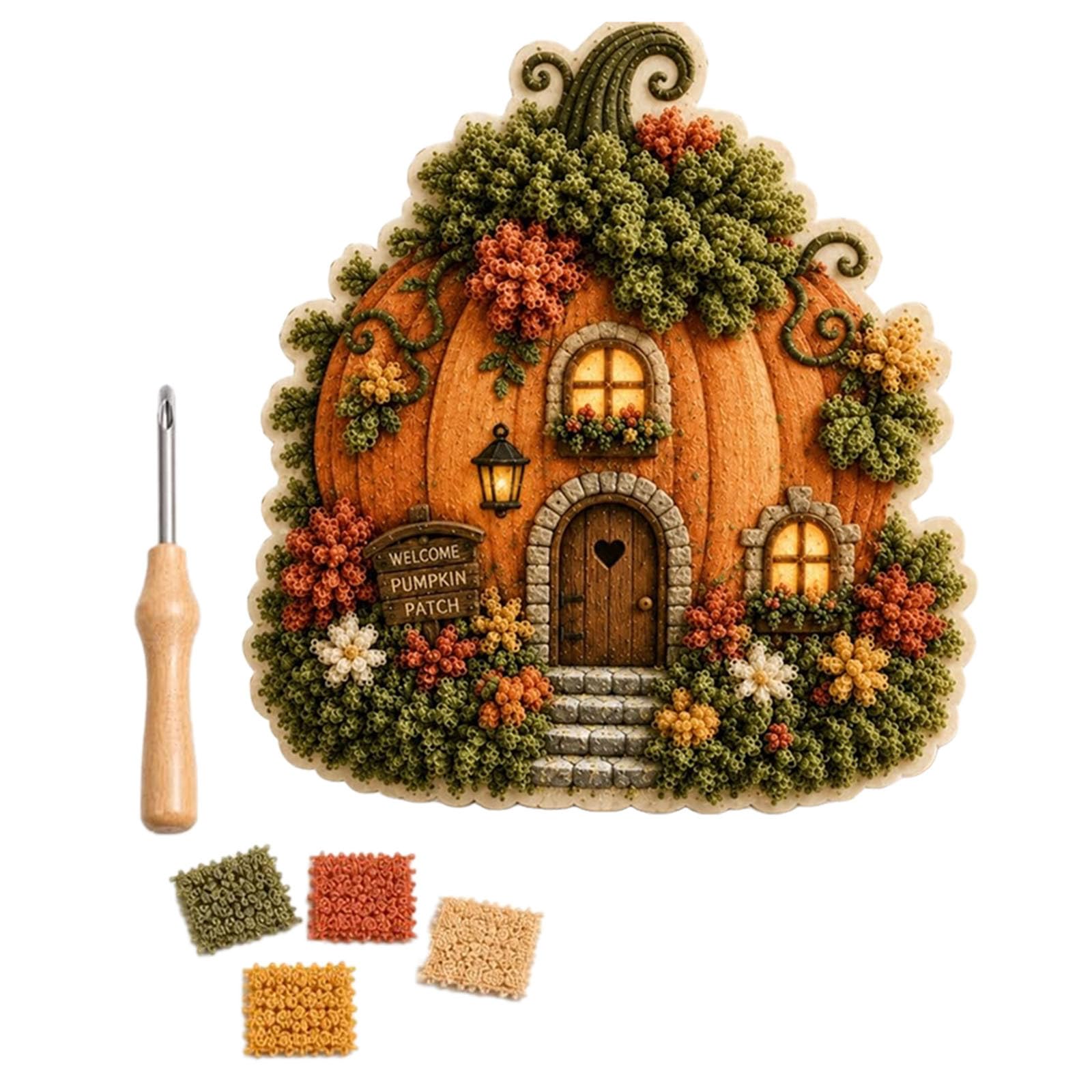 Whimsical Village 3D Fabric Poke Art Kit, Floral Mushroom Cottage Creative Craft Set, No Sew Press Technique, Simple Illustrated Guide, Home Decor Craft for Adult Beginner Handmade Hobby Gift