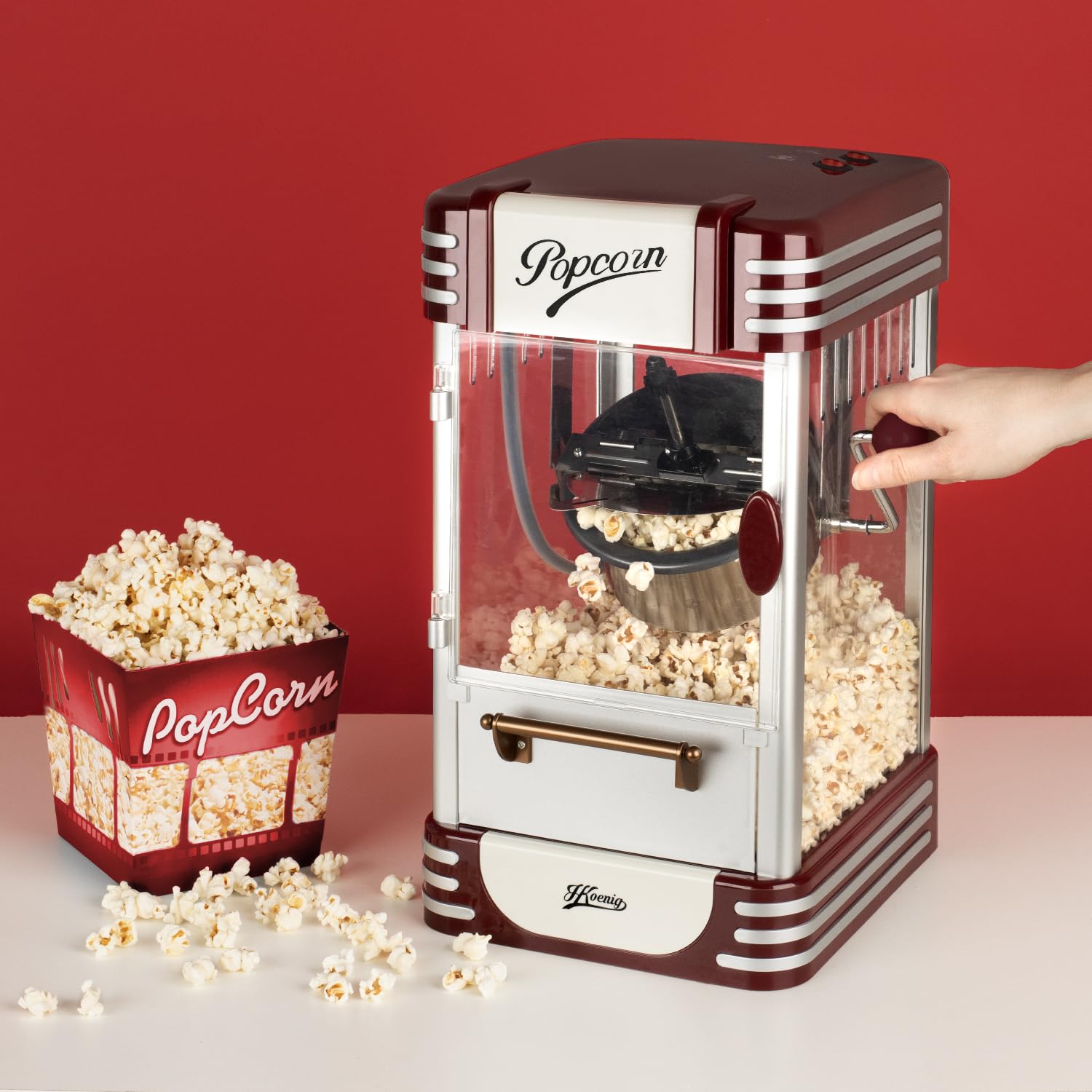 H.Koenig Maszyna do popcornu POP330, łatwy i szybki domowy popcorn, retro design, garnek ze stali nierdzewnej i aluminium, pojemność 50 g, magnetyczne drzwi, 360 W