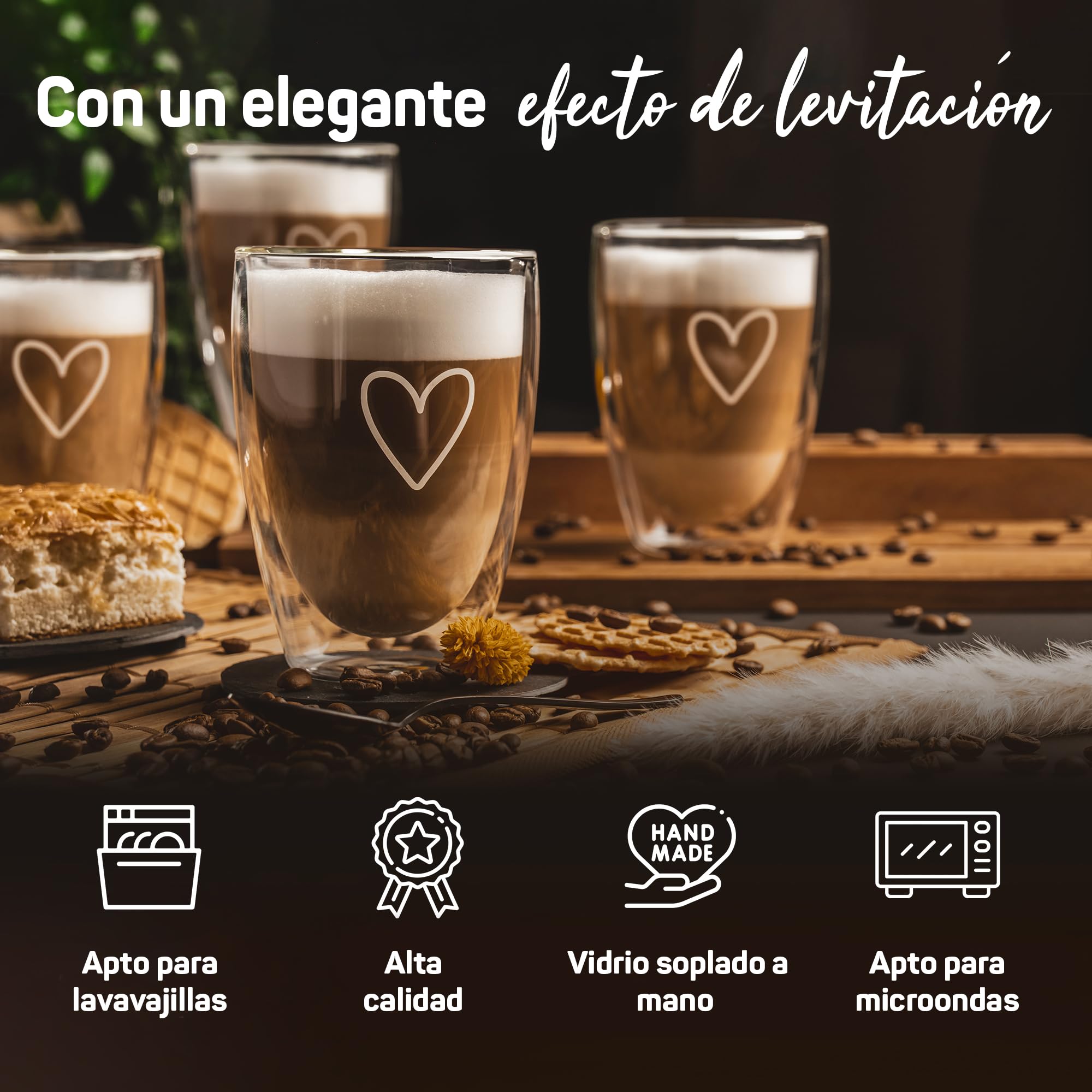 ElbFuchs® Tazas de Café de Cristal [4x350ml] Vasos de Doble Pared | Tazas cafe con leche | Vasos de cristal para Té, Café | Regalo original mujer cumpleaños, amiga, madre, boda para novios