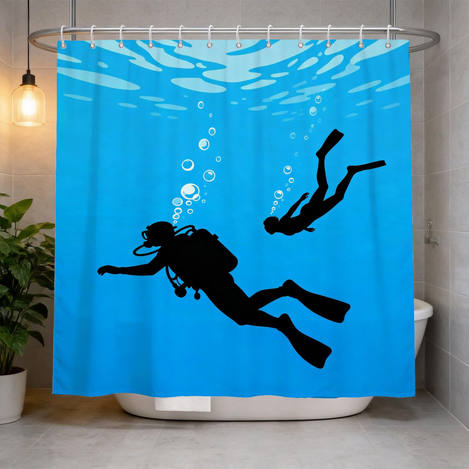 Hongduo 3D Diving Silhouette Shower Curtain for Stalls Bathtubs Snorkeling Bathroom Decor Shower Curtain Set Polyester Fabric Waterproof 180x200cm/71X79 Inch with Hooks