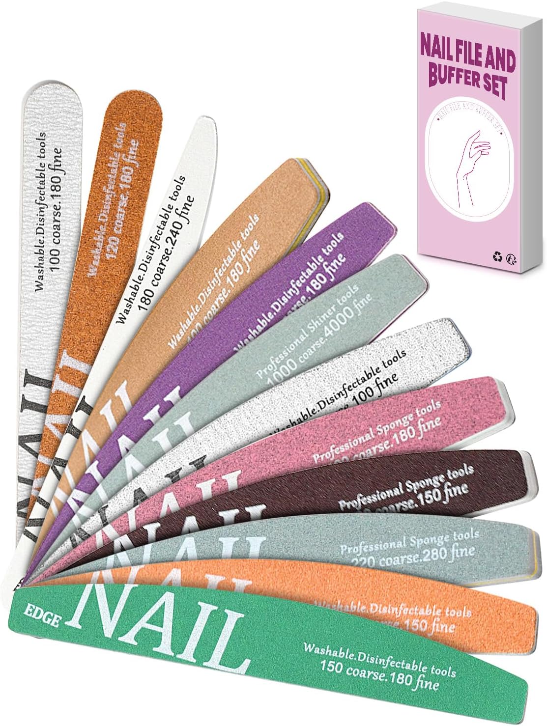 Nagelvijl en bufferset, 12 stuks nagelvijlen en nagelbuffers voor natuurlijke nagels, nagelvijlen voor nagels, nagelvijlen voor acryl- en gelnagels