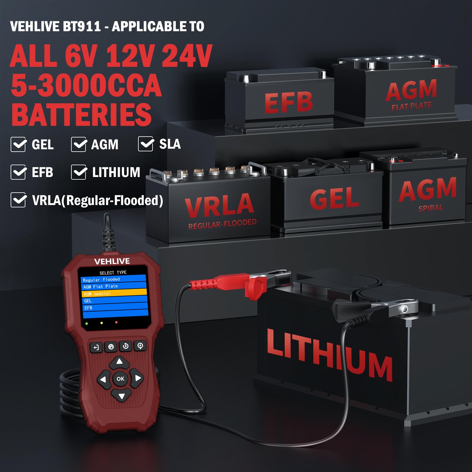 Comprobador de batería de coche de 6 V, 12 V, 24 V, con prueba de batería de litio, BT911 5-3000CCA para coche, 12 V y 24 V, doble circuito, comprobador de carga/alternador, cargador y arranque para