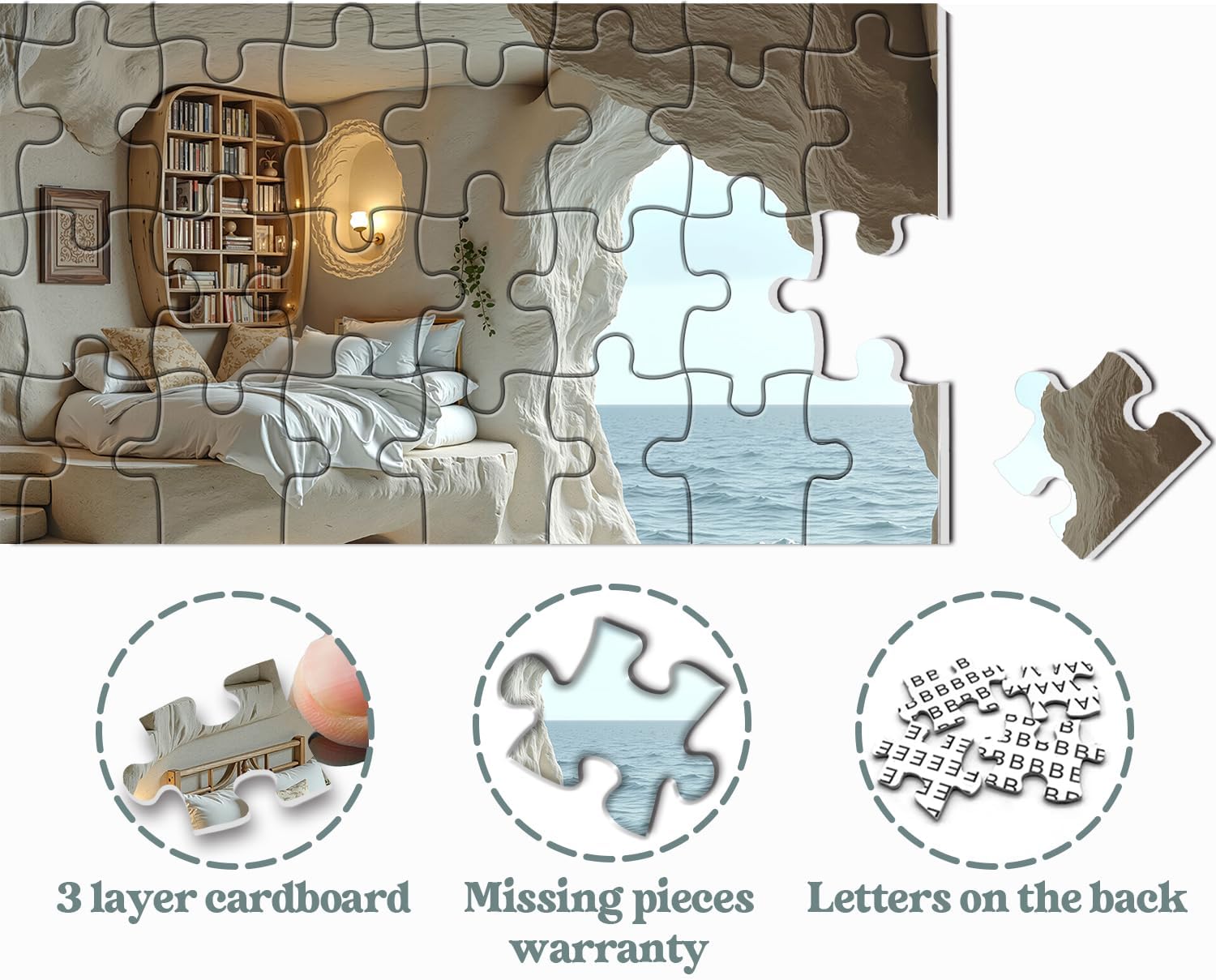 Ocean House Puzzles for Adults 1000 Pieces, Fantasy Seaside Cave Jigsaw Puzzle, Dreamy Cliffside Stone Home Puzzle