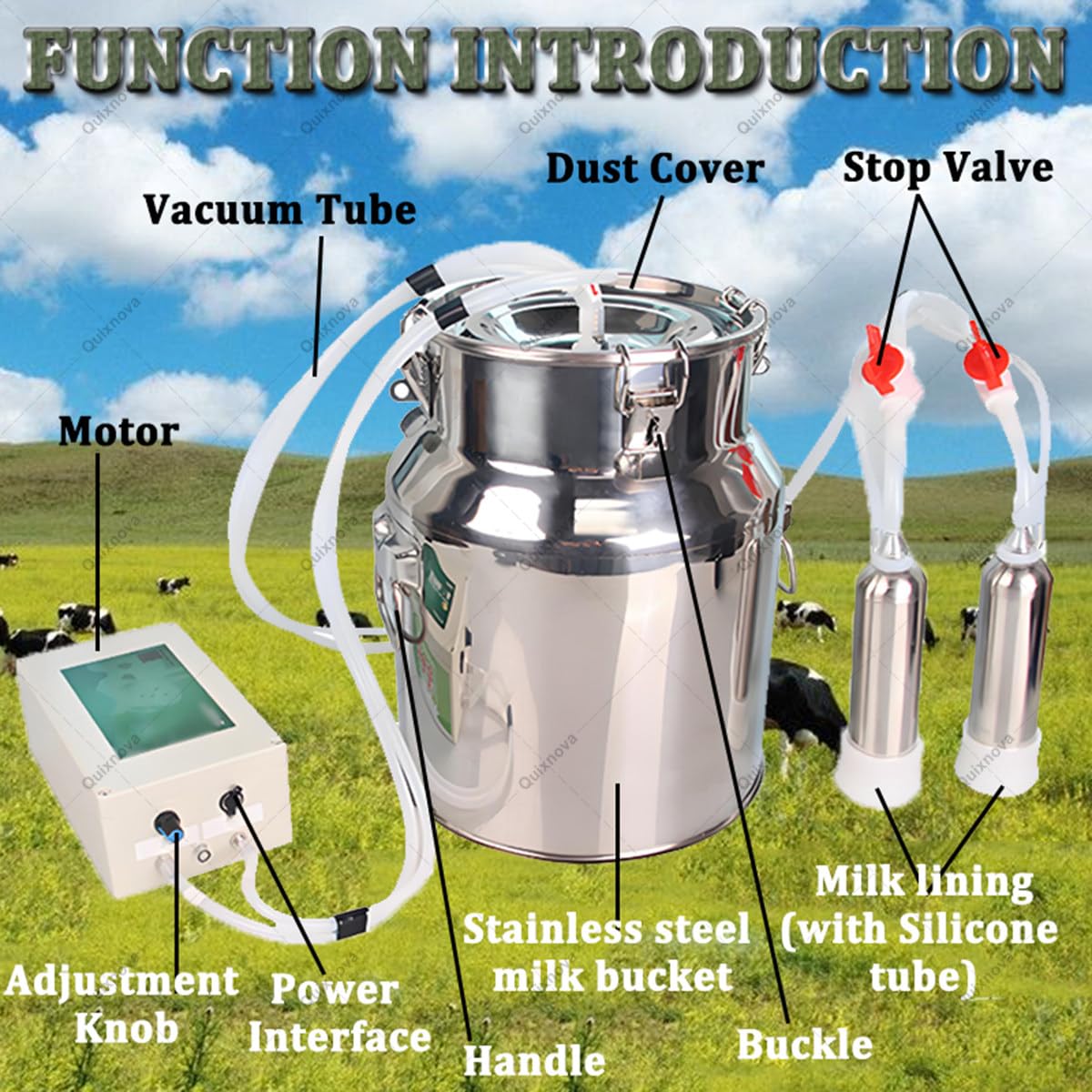 Mungitrice elettrica per mucche e capre, kit di mungitura portatile con secchio in acciaio inox da 10/14 litri per piccole aziende agricole domestiche, funzione di arresto automatico goat-10L