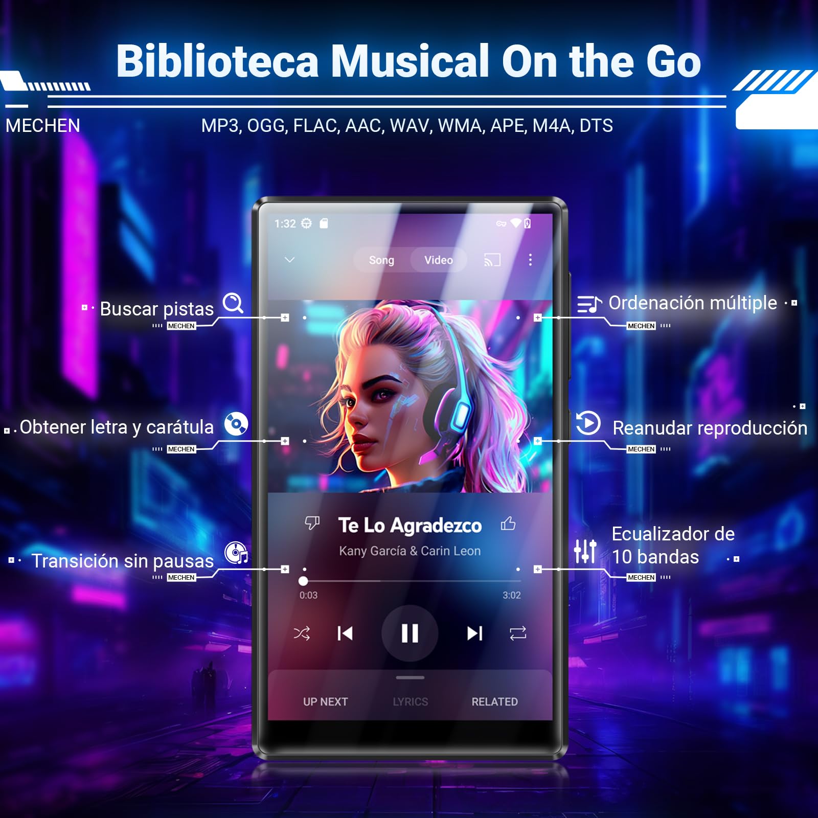 MECHEN 256GB Reproductor MP3 Spotify, Bluetooth WiFi Android 13 MP4 Player, Pantalla IPS de 5,0 Pulgadas 1080P, Audible Deezer Amazon Music Preinstalado (X56-D)