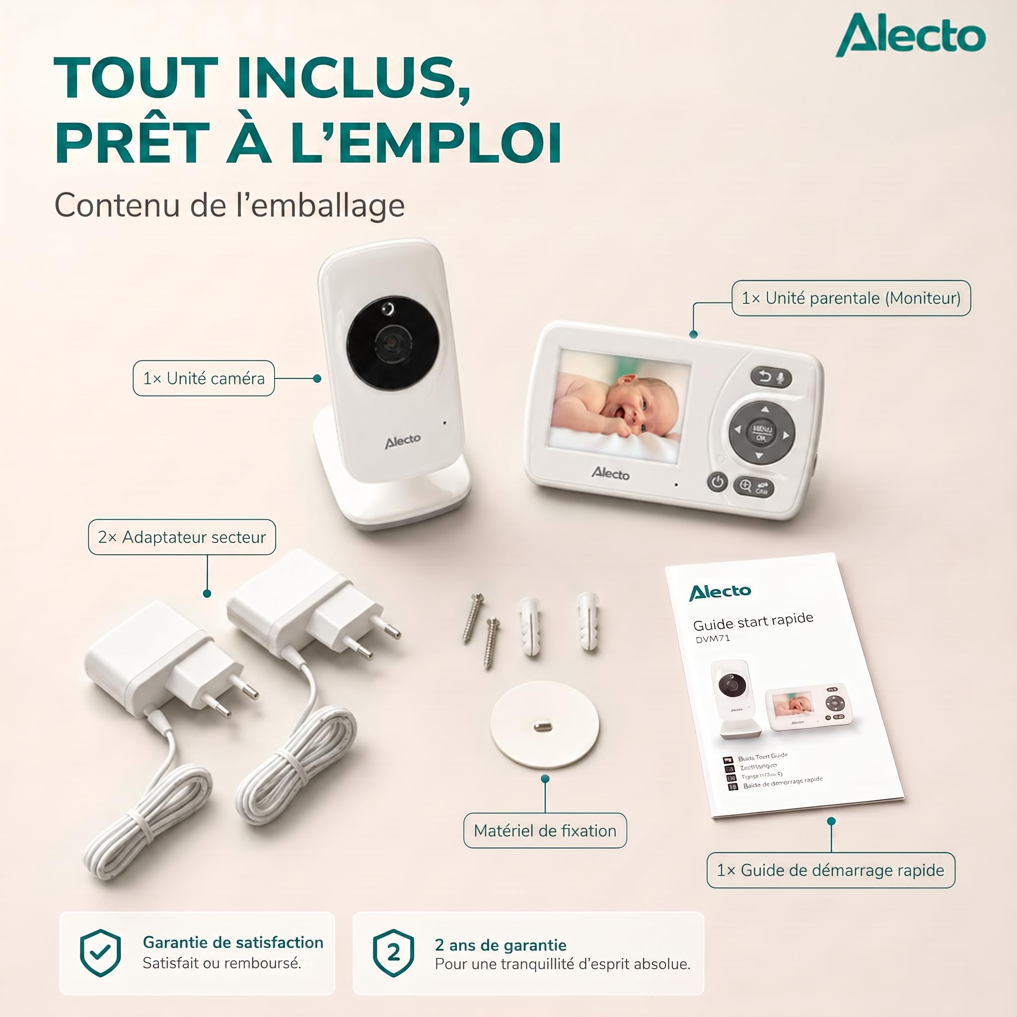 Alecto DVM71 Babyphone avec caméra - Moniteur bébé écran 2,4" - Caméra bébé - Portée 50 m - Batterie 10 Heures - Blanc/Taupe