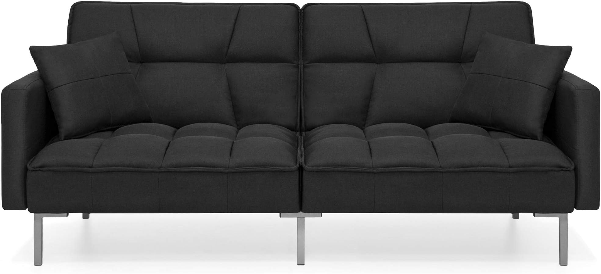 Best Choice Products Convertible Linen Fabric Tufted Split-Back Plush Futon Sofa Furniture for Living Room, Apartment, Bonus Room, Overnight Guests w/ 2 Pillows, Wood Frame, Metal Legs - Black