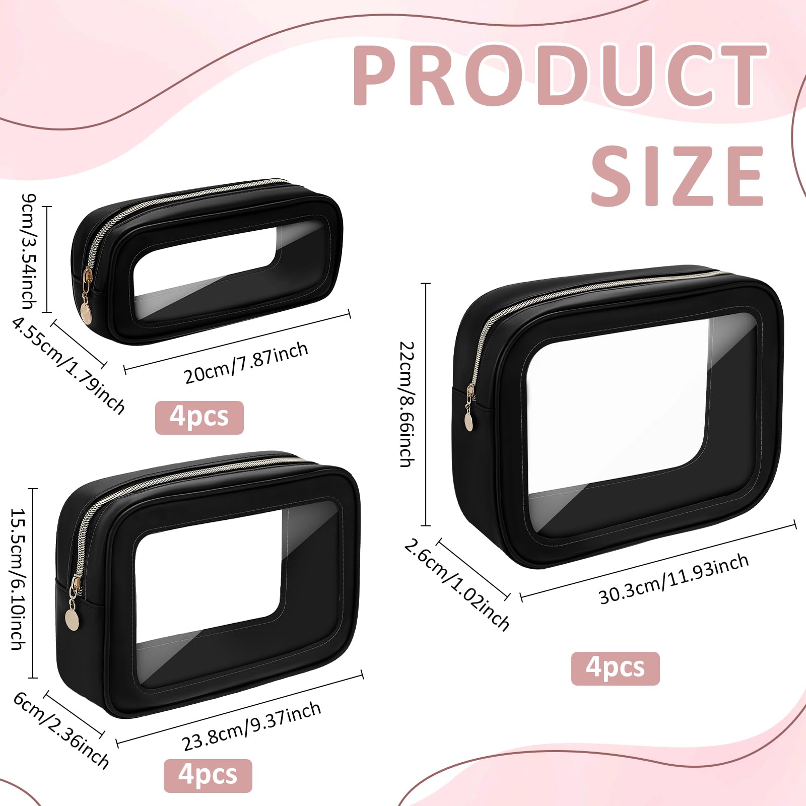 12 Stück Klare Makeup Taschen mit Reißverschluss 3 Größen PVC Toilettentasche wasserdichte Kosmetik Koffer Organizer für Frauen Hochzeit Braut DIY Geschenke Reisen Urlaub Fitness Schwarz