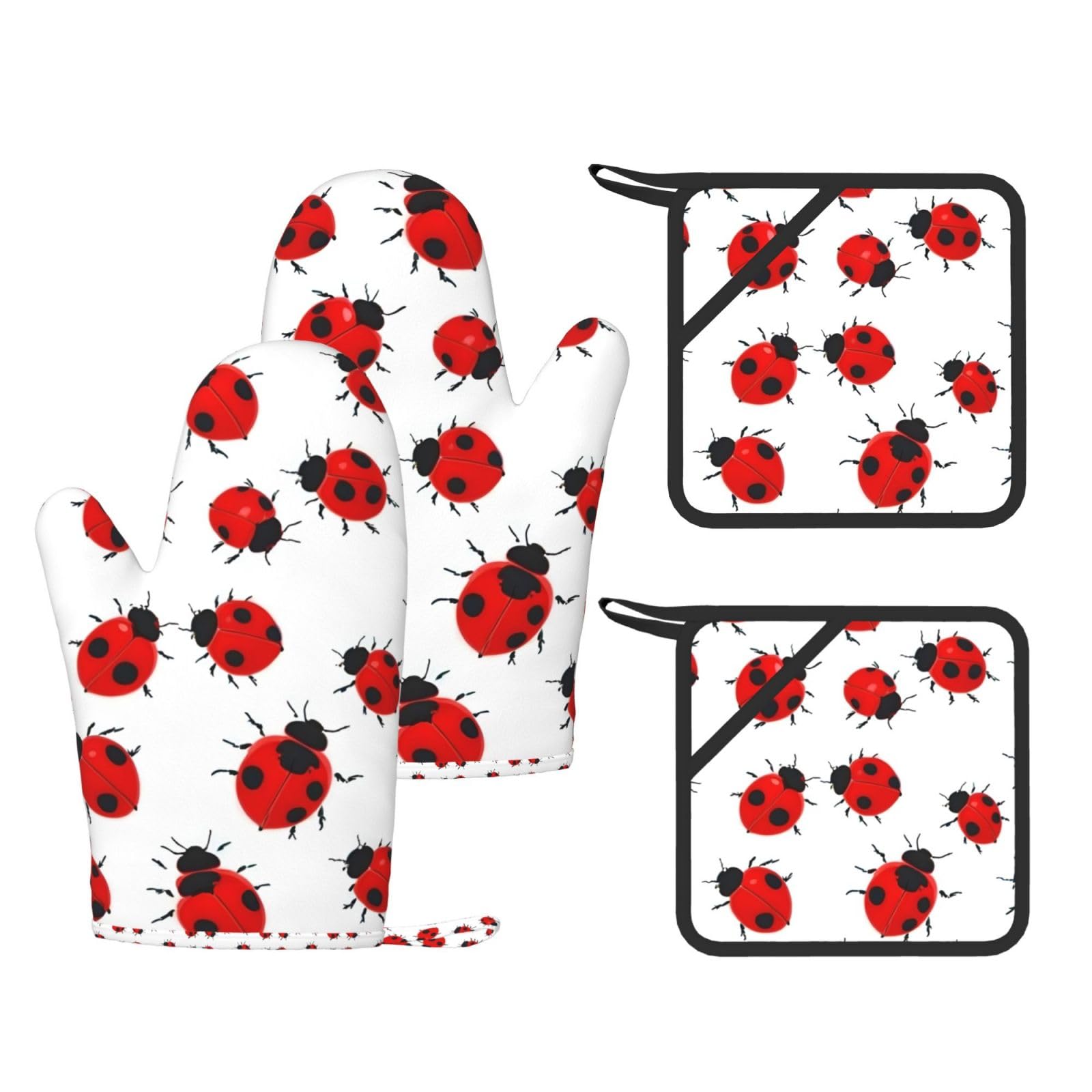 Ladybug Print Kitchen Heat Resistant Set,Cooking Kit With Hanging Loop For Baking & Bbq