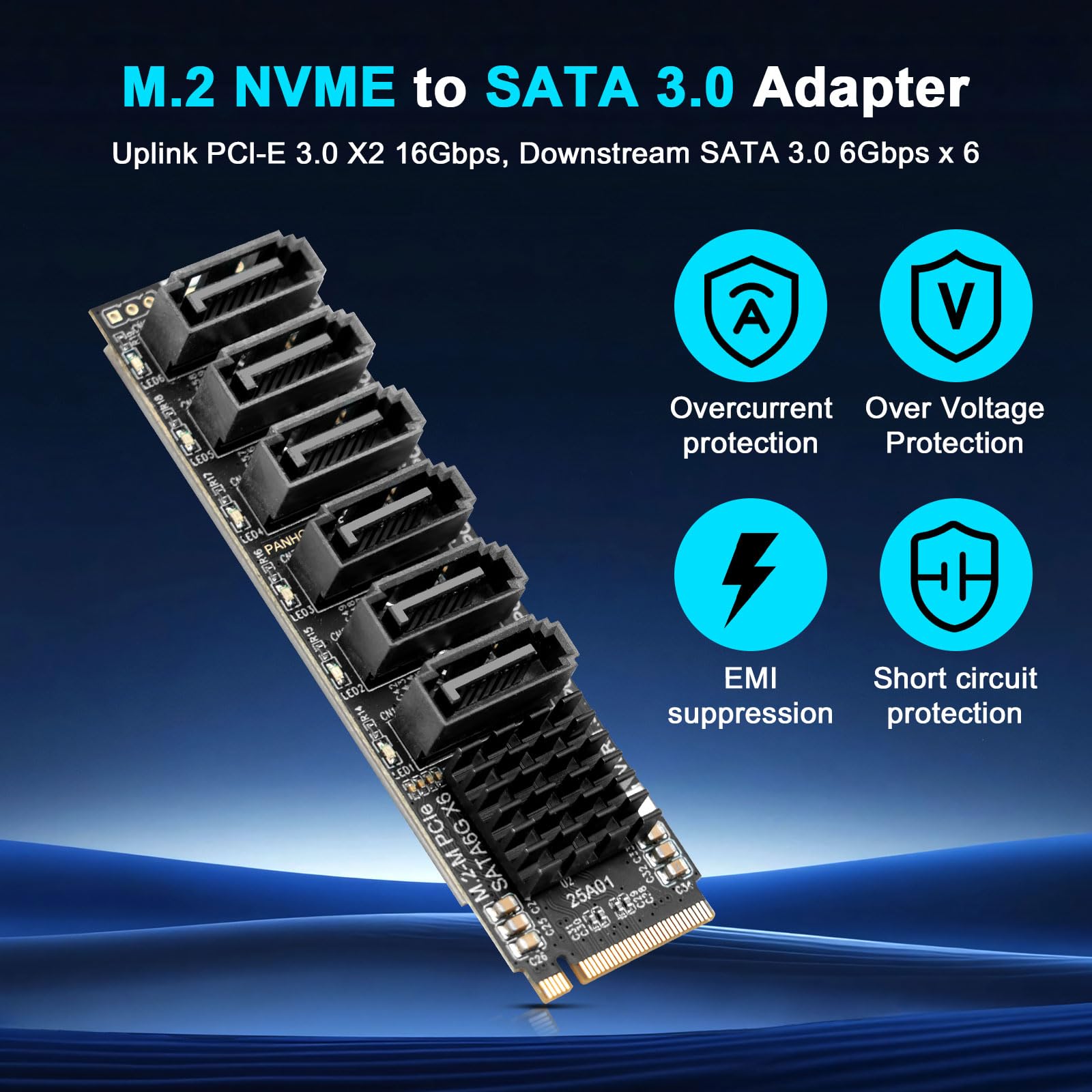 Scheda di espansione M.2 a SATA3.0, 6 porte SATA 3.0 controller PCIe per chip ASM1166, 6 x SATA3.0 6 Gbps, scheda adattatore PCIE3.0 X2 16 Gbps