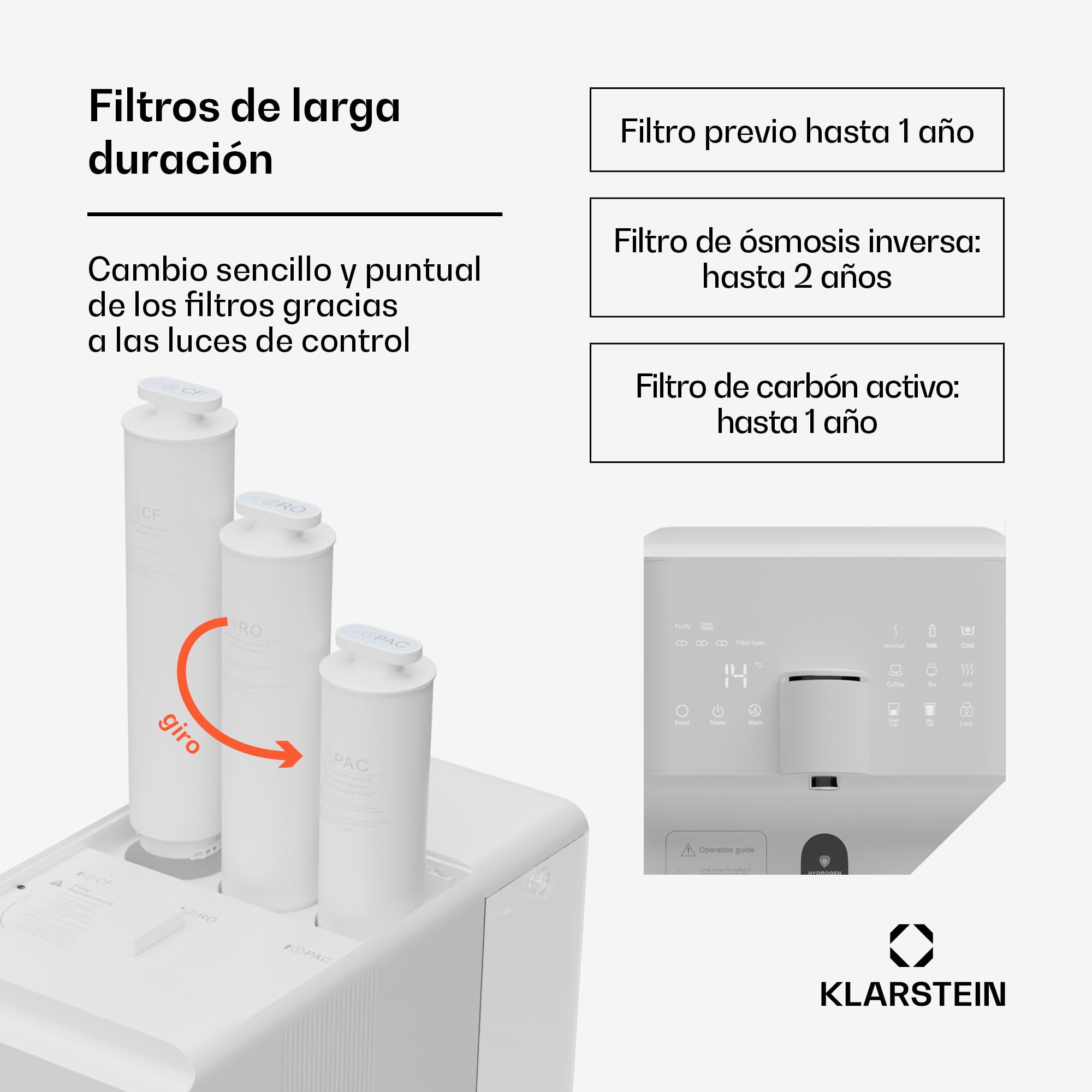 KLARSTEIN AquaLine Filtro Agua Grifo Osmosis Inversa, Sistema Filtros Agua Encimera 6L, Ionizador de Hidrógeno y Agua Caliente, Etapas, 3 Filtros, Sistema de Filtración de Agua
