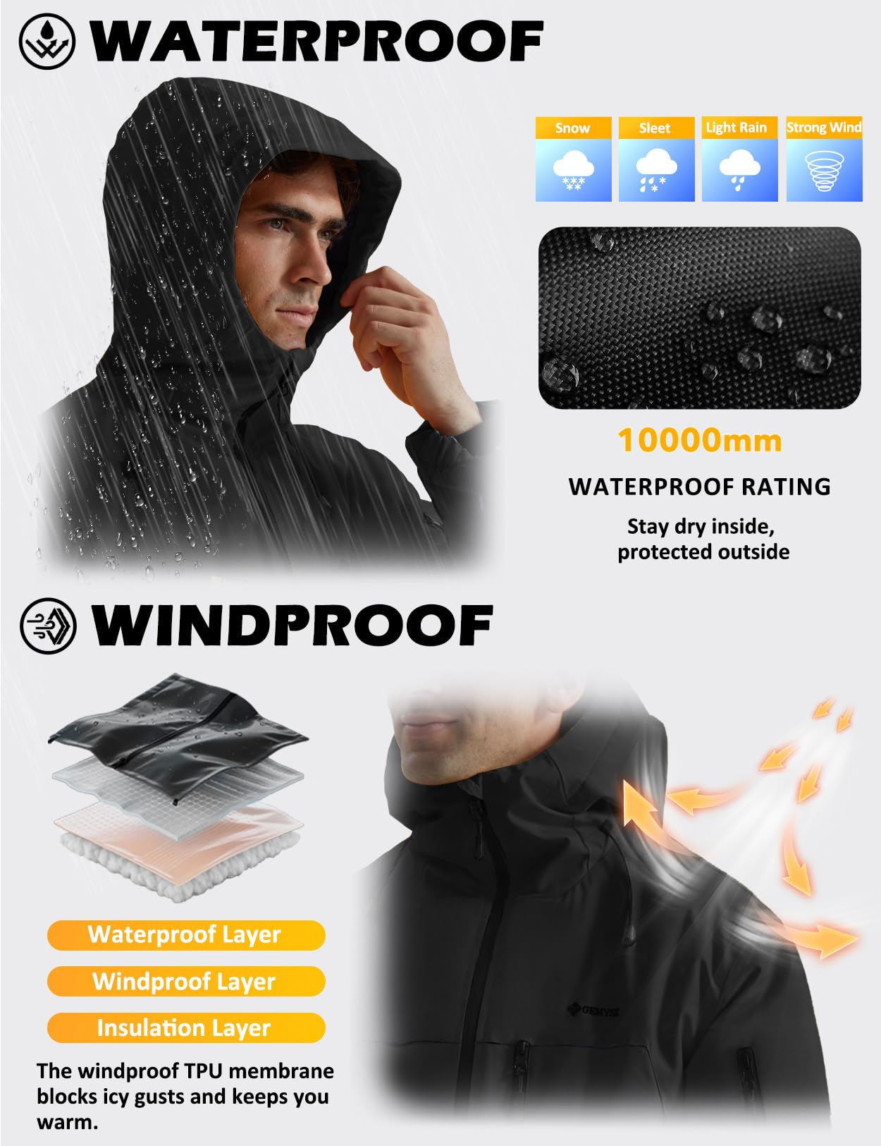 GEMYSE Herren Skijacke Wasserdicht Winterjacke mit Kapuze Schulterträger Berg Windbreaker Snowboarden