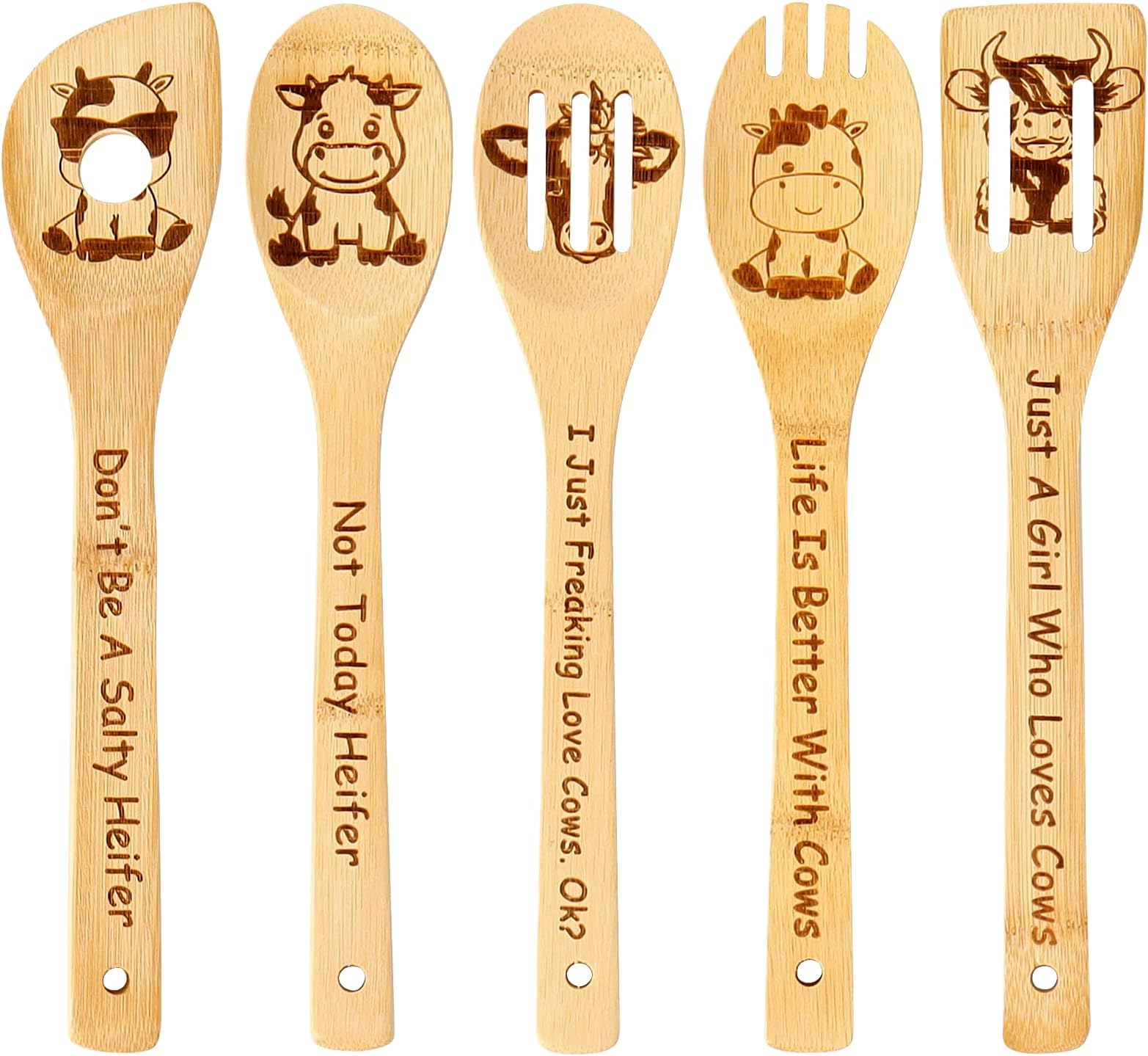 Cow Wooden Spoons for Cooking, Cow Gifts for Women, Cute Cow Kitchen Decor Cow Stuff, Engraved Non-stick Bamboo Cow Kitchen Accessories, Cow Themed Gift for Cow Lovers Mothers Day Gift
