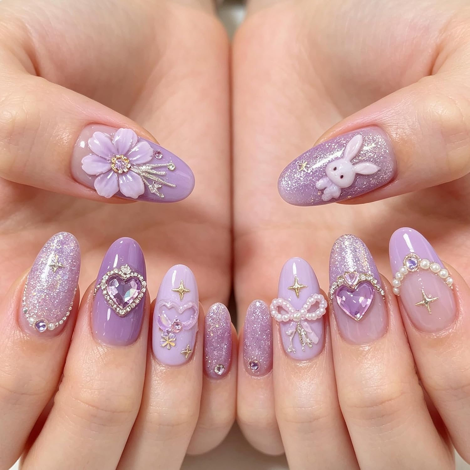 COOSLIM 200pcs Mixed 3D Nail Charms Kit, 20pcs Luxury Metal Nail Rhinestones and Resin Butterfly Flower Star Heart Bow Charms with Flatback Pearls Rhinestone Metal Gems Charms(Purple)