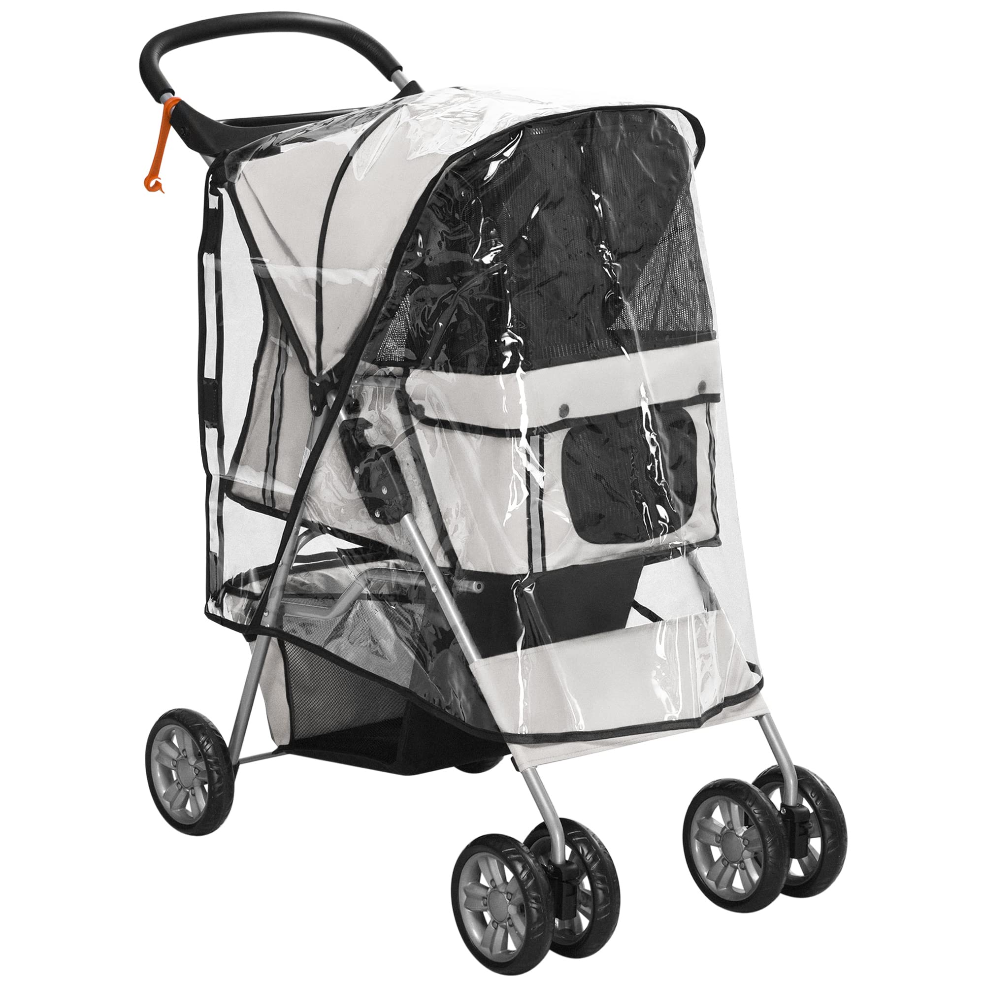 PawHut - Cochecito plegable para mascotas, carrito plegable, impermeable, para perro, gato, portavasos, cesta de almacenamiento incluida, ruedas con freno de tela, 600D, Oxford, acero incluido, color