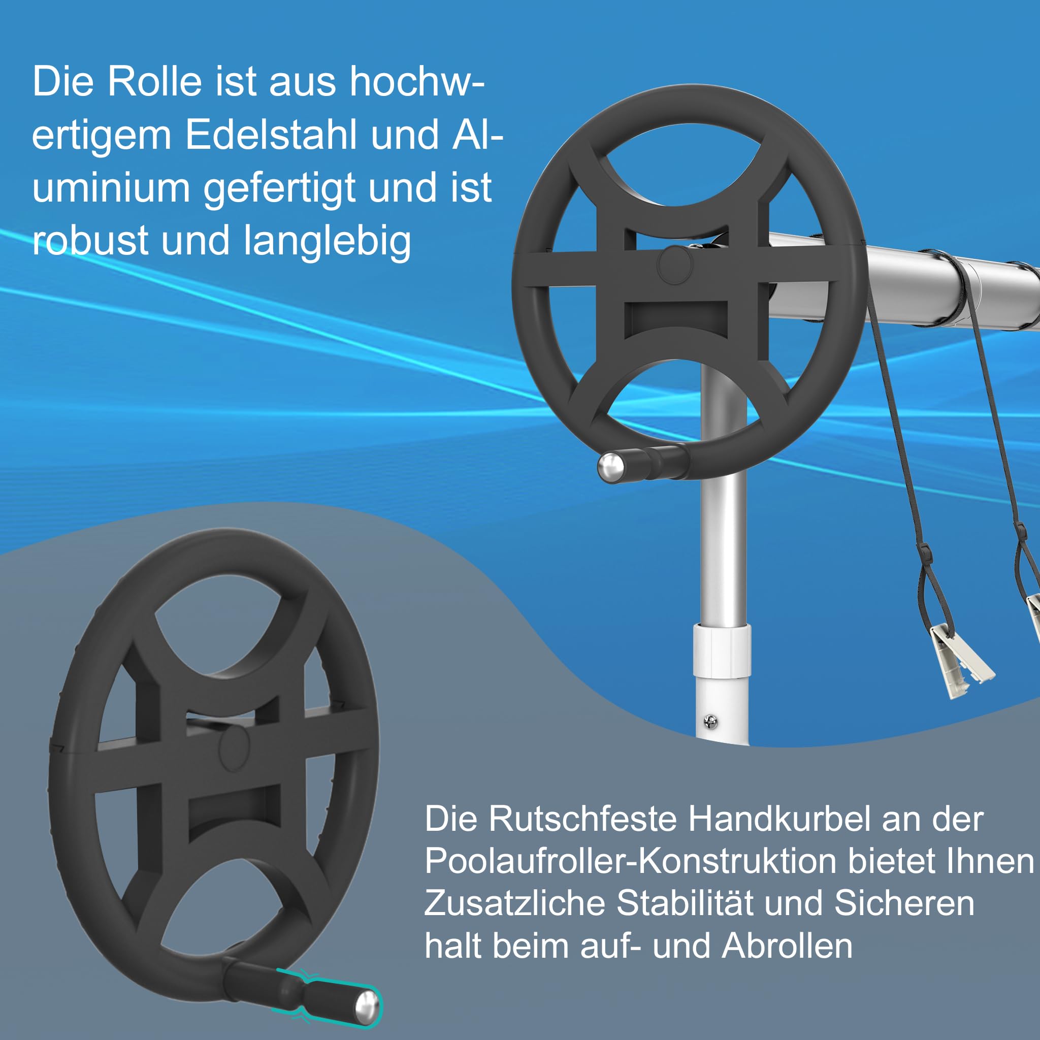 UISEBRT Pool Aufroller Mobiles Poolfolienaufroller 3m - 5,70m für Poolplane, Aufrollvorrichtung mit Befestigungsbändern & Rädern