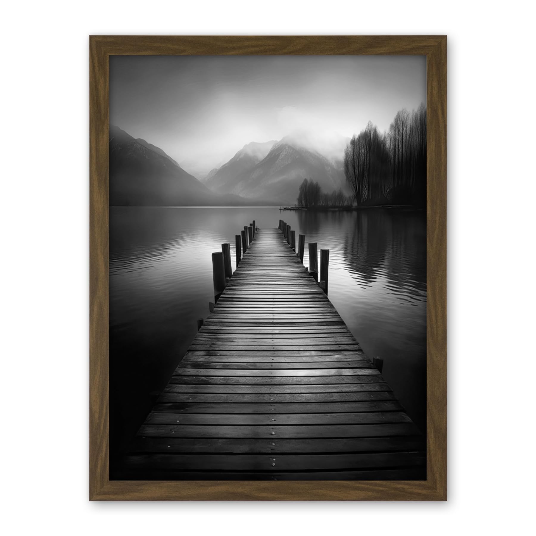 Artery8 Lake Pier Mountain Landscape Black and White Photo Artwork Framed Wall Art Print 18X24 Inch