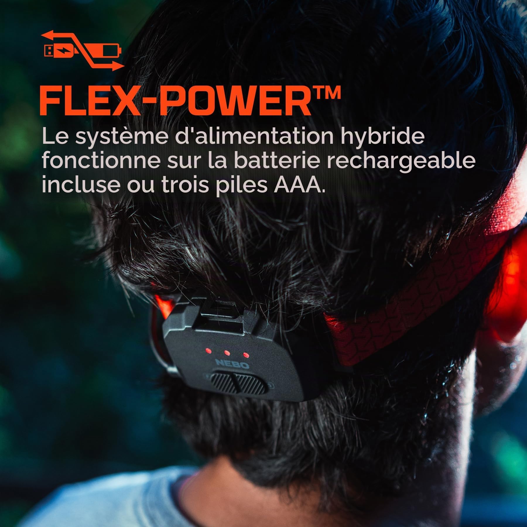 NEBO Curvbeam 600 Flex - Lampe Frontale Rechargeable de 600 Lumens - Avec Faisceau Large de 180°, Résistance à l'eau IPX4 et Ajustement Confortable BackBalance