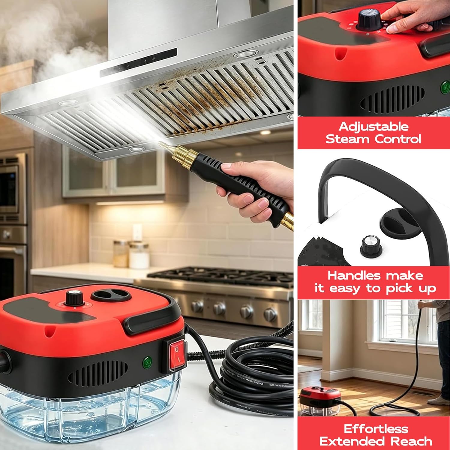 2500w Handheld High-Temperature Pressurized Steam Cleaner,10 In 1 Handheld Pressure Multi Purpose Cleaner, for Car Engine Furniture, Kitchen, Bathroom,Home Use (Red)