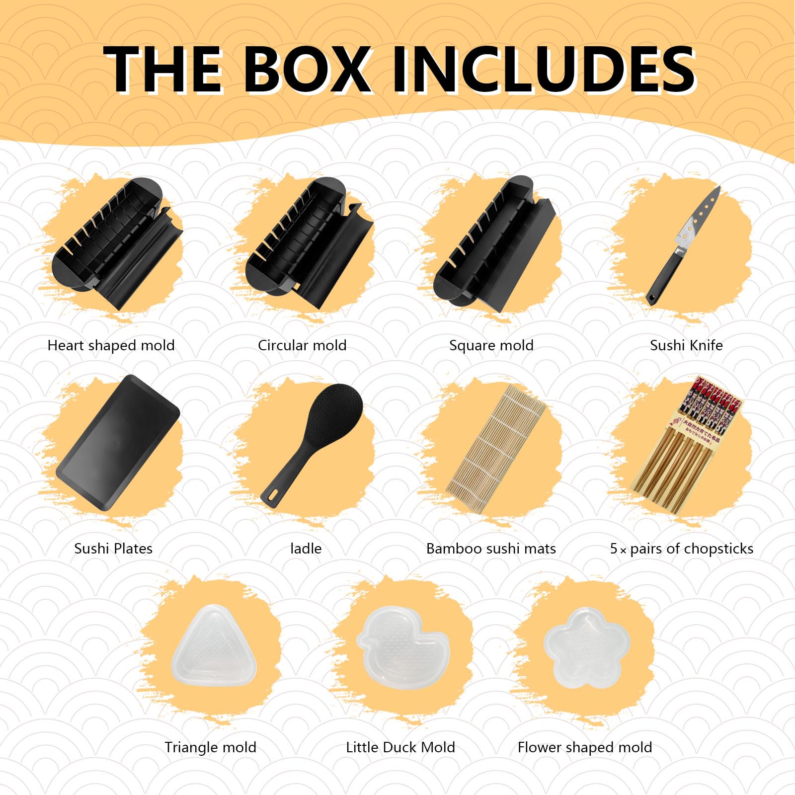 HI NINGER Sushi Maker Kit Completo, 20 Pezzi Set per adatto ai principianti da preparare da soli, con stampo per polpette di riso, coltello, tappetino, bacchette, bset completo Piatti da sushi(Nero)