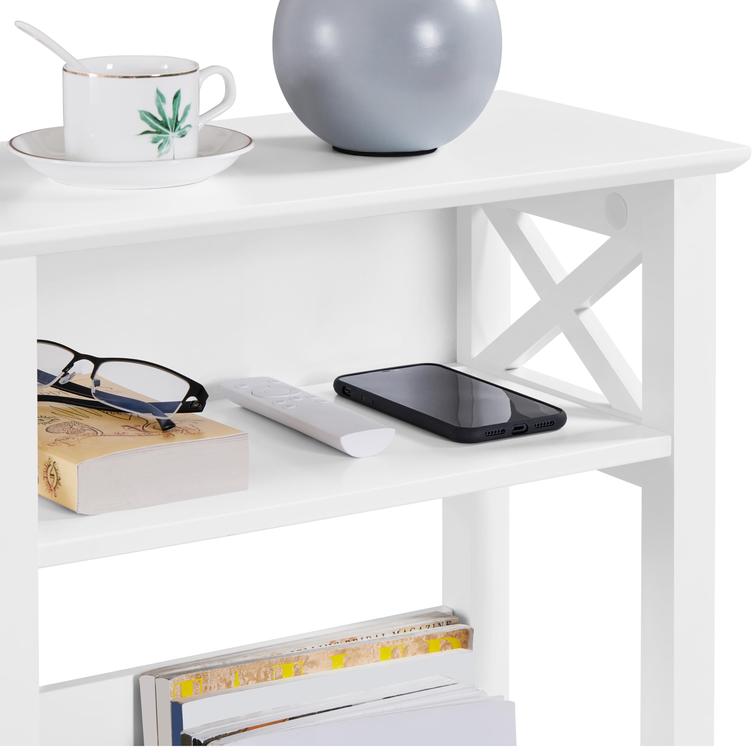 Yaheetech Tavolino Alto Bianco Tavolino Laterale da Divano Tavolino da Salotto Soggiorno Moderno con Scomparto Aperto e Cestino Portaoggetti 50 x 25 x 70 cm
