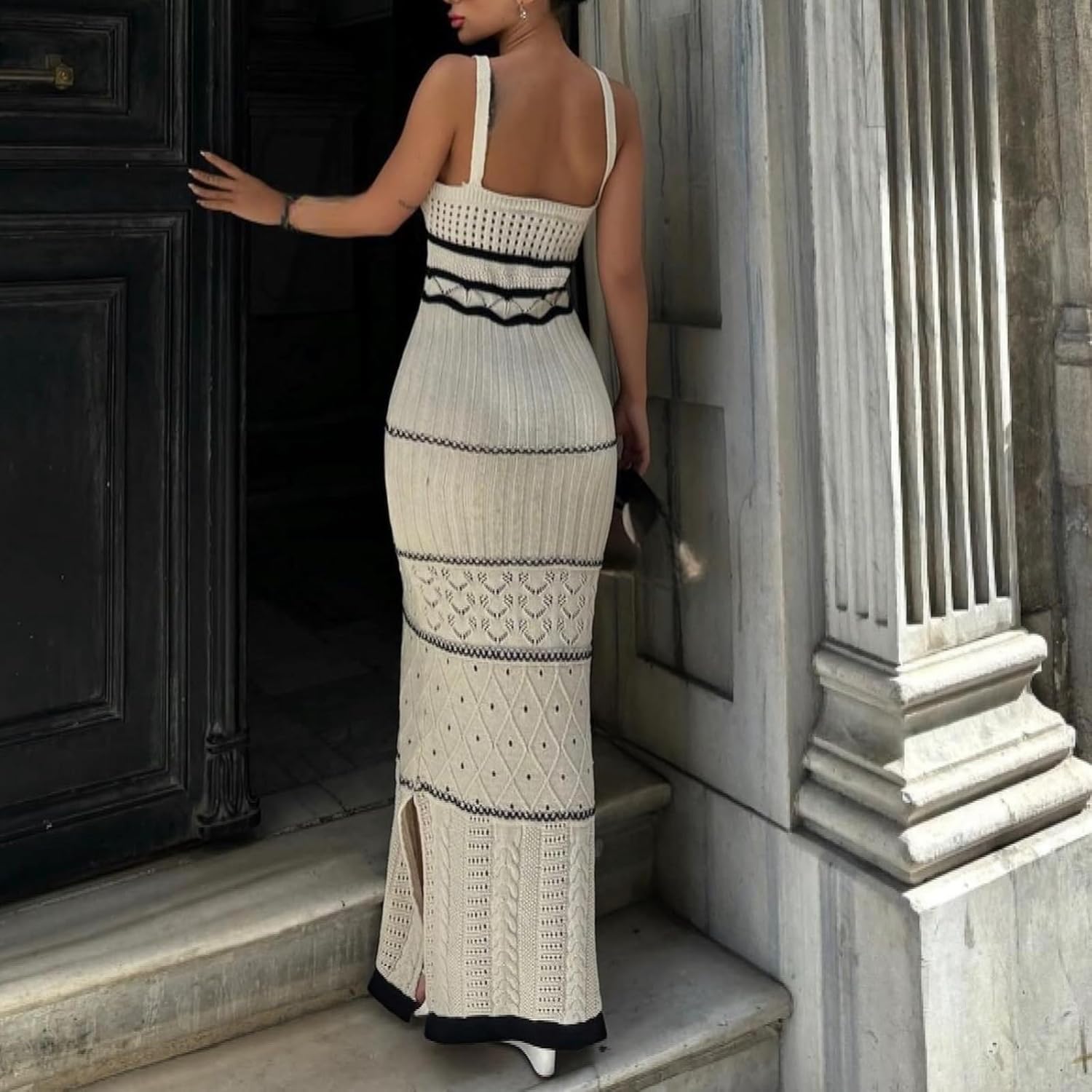 [YCVAZXSE] 女性の夏のニットストライプ中空ロングサスペンダードレスセクシーなエレガントなボディコンビーチホルタードレス