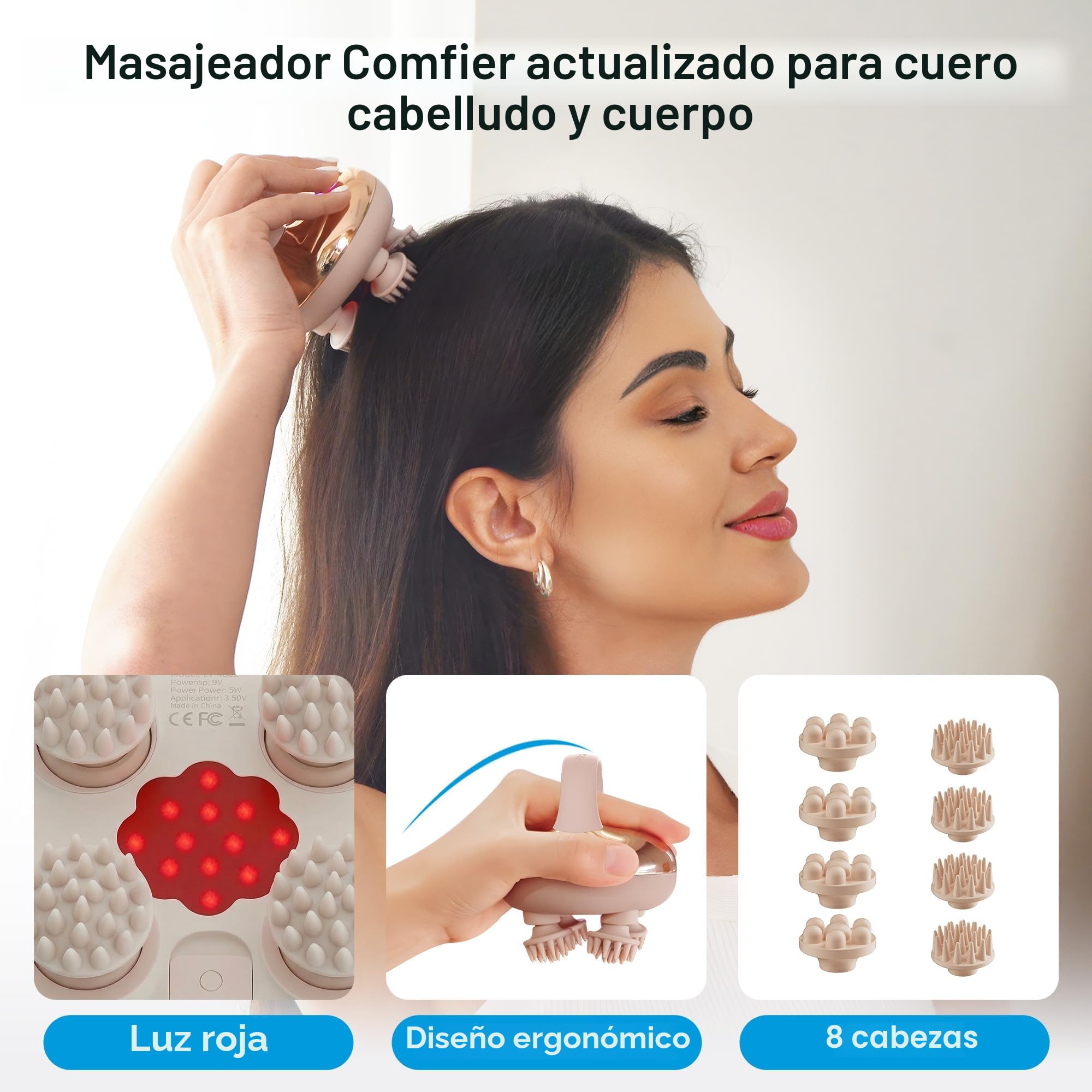 COMFIER Masajeador Cuero Cabelludo Inalámbrico, Masajeador Cabeza Eléctrico con 3 Modos de Amasado, Resistente al Agua IPX7, 8 Garras de Masaje para Limpieza Profunda y Crecimiento del Cabello(Dorado)