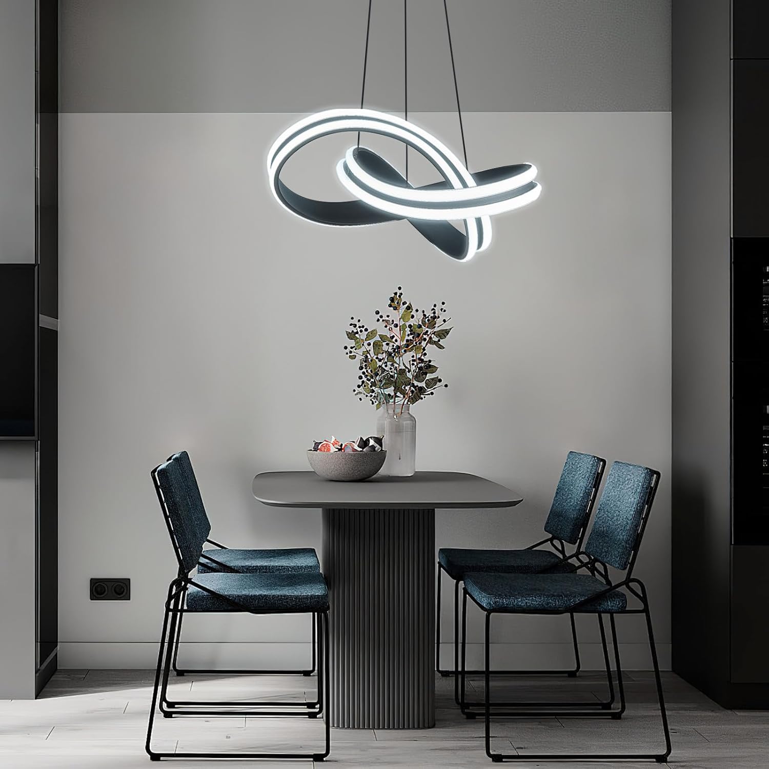 Modern LED Chandelier Black Irregular Ring Pendant Lights 6000K Dimmable Dining Room Pendant Light Fixtures for Kitchen Island Living Room Bedroom Hallway Foyer
