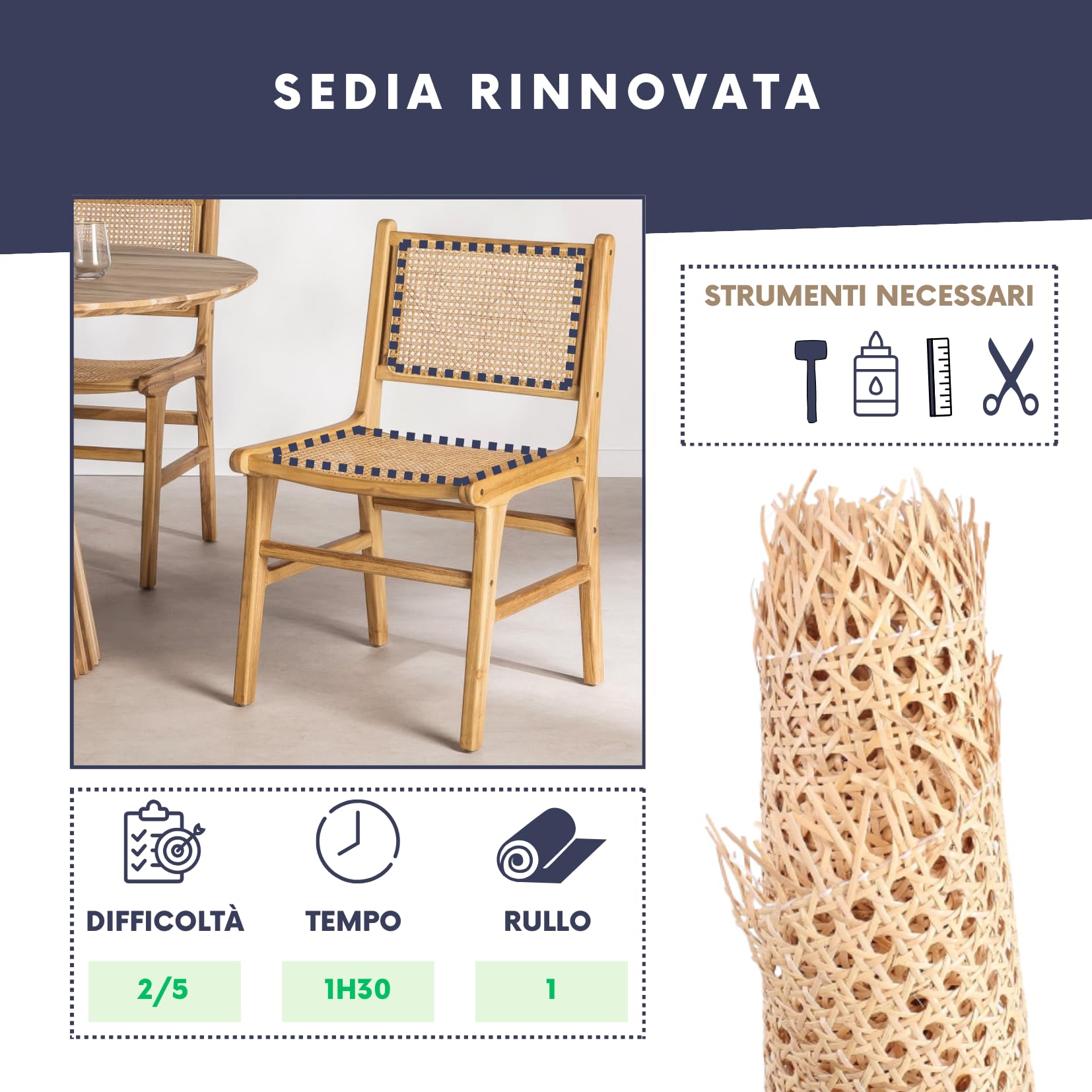 Rotolo di Rattan Naturale per la Riparazione e Il Restauro di Mobili e Sedie, Perfetto per i Tuoi Progetti DIY e Artigianali (60x100 CM) Materiale di Rattan Versatile e Resistente