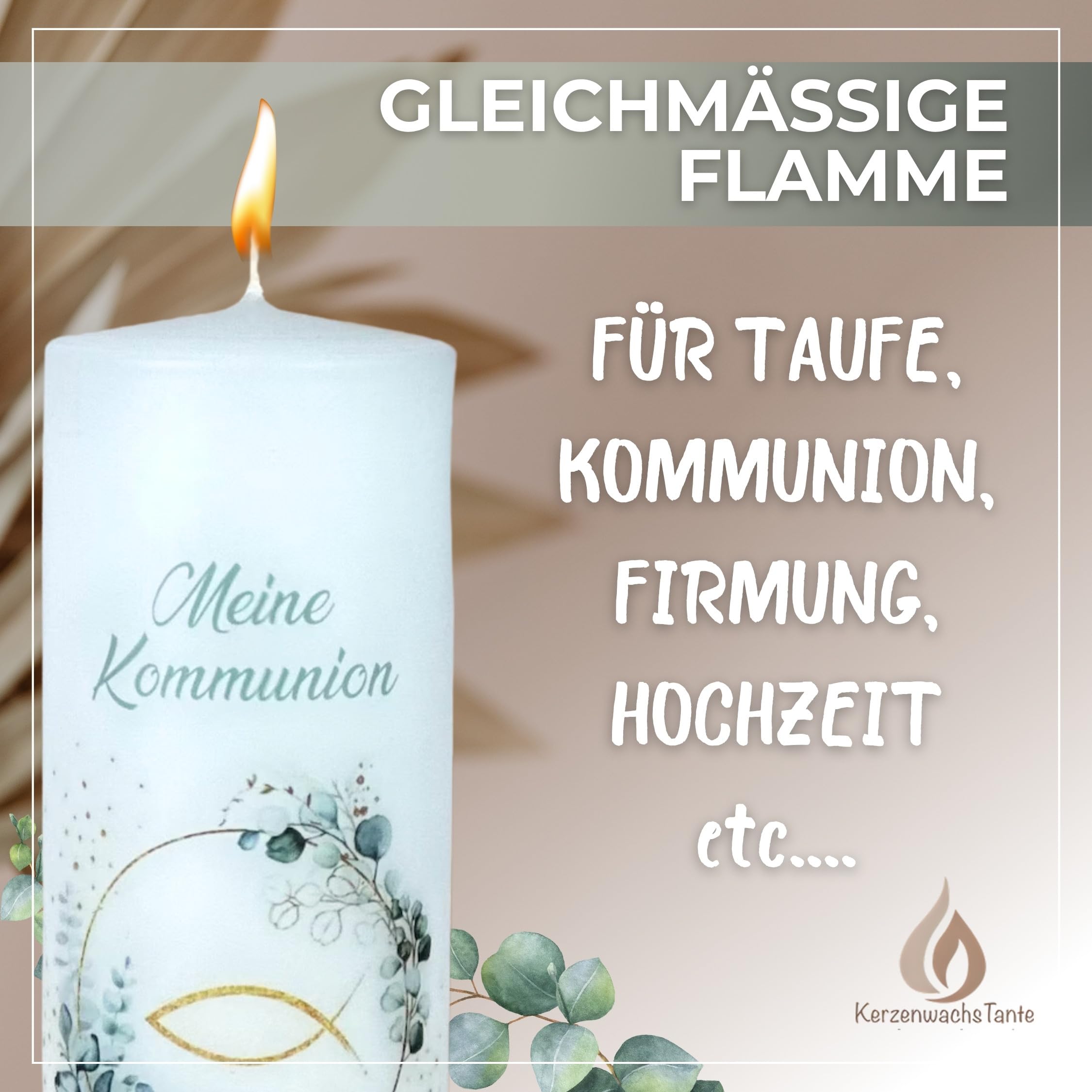 Taufkerze Kommunionkerze Eukalyptus Fisch Elias 25x6cm – Wunschname Personalisierbar – Geschenk zur Taufe für Jungen & Mädchen – Handarbeit mit Schleife – gold-salbei