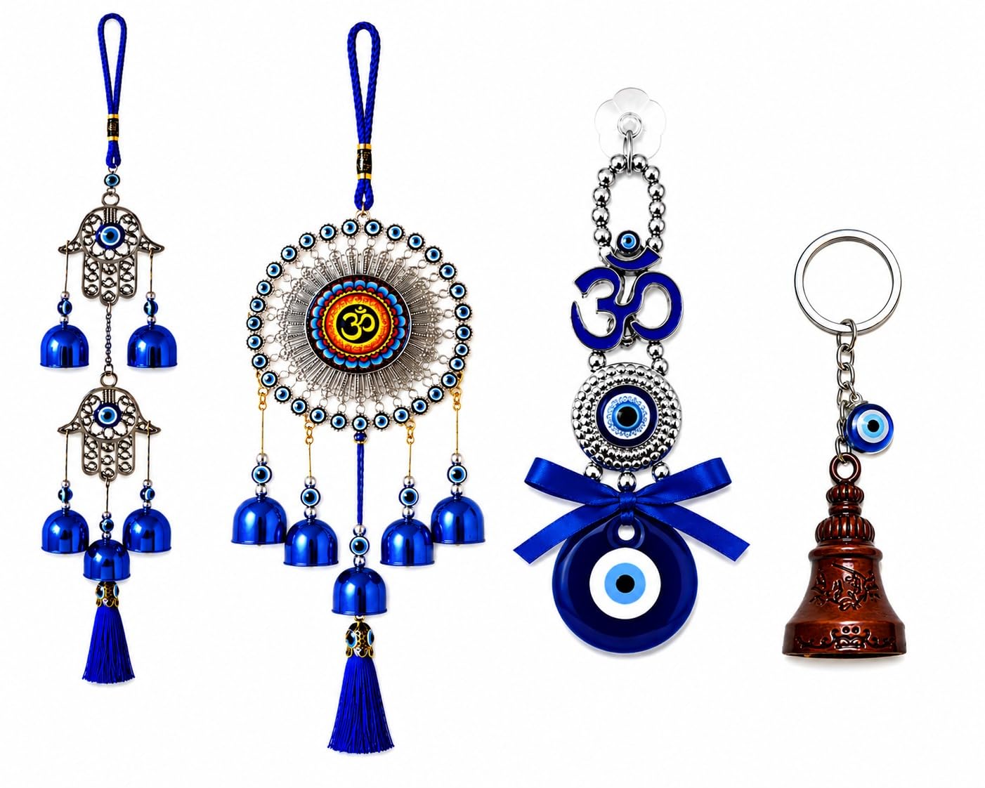 4 in 1 Combo Evil Eye Hamsa Hand Wall Hanging, Wind Chime, OM Hanging & Evil Eye Keychain | Home Décor | Vastu & Feng Shui Protection-image-44