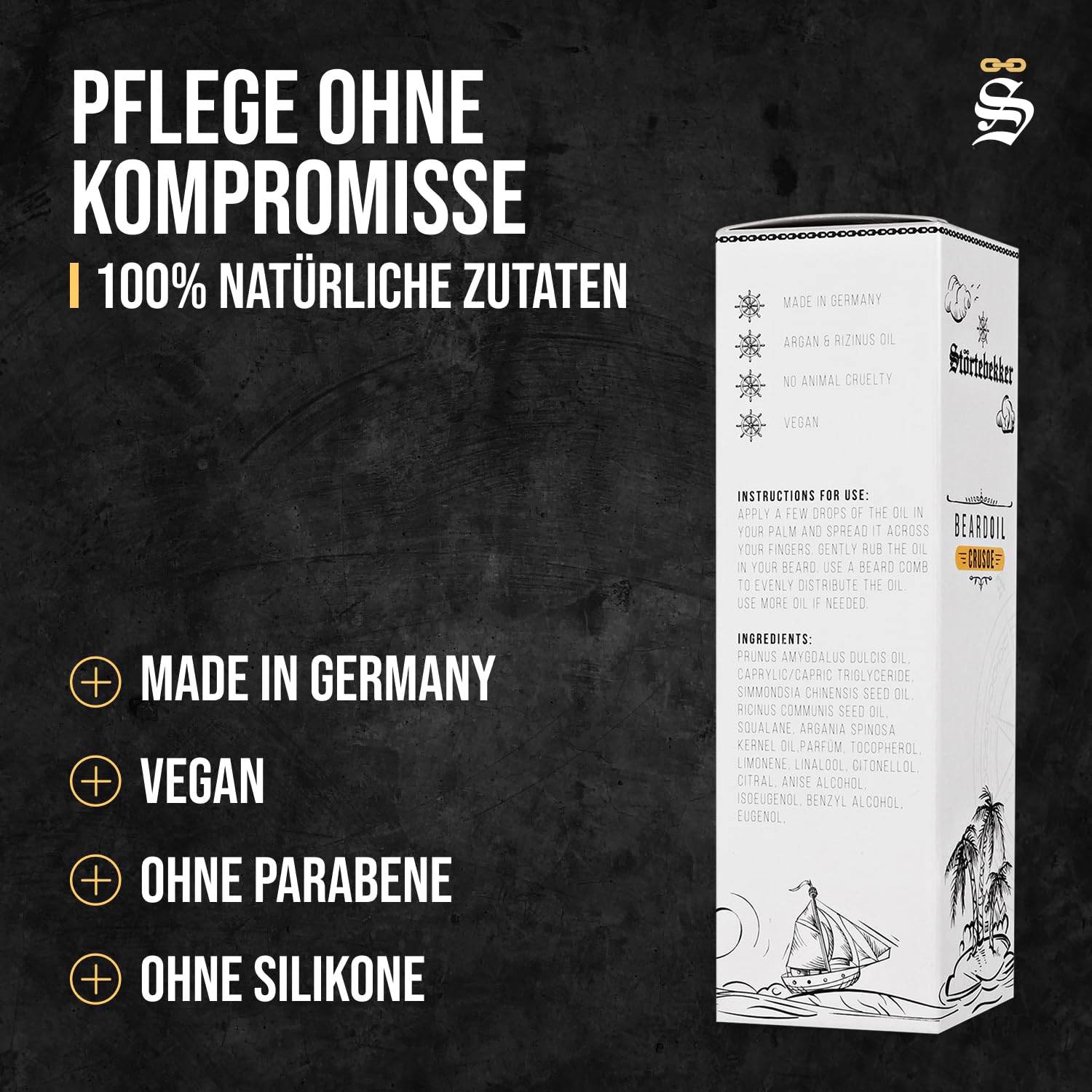 Störtebekker® Premium Bartöl Crusoe - tägliche Bartpflege für 3-Tage-Bart bis Vollbart - 50ml Beard Oil Vegan - Bart Öl Herren mit angenehmen Duft - Hochwertige Inhaltsstoffe - Made in Germany