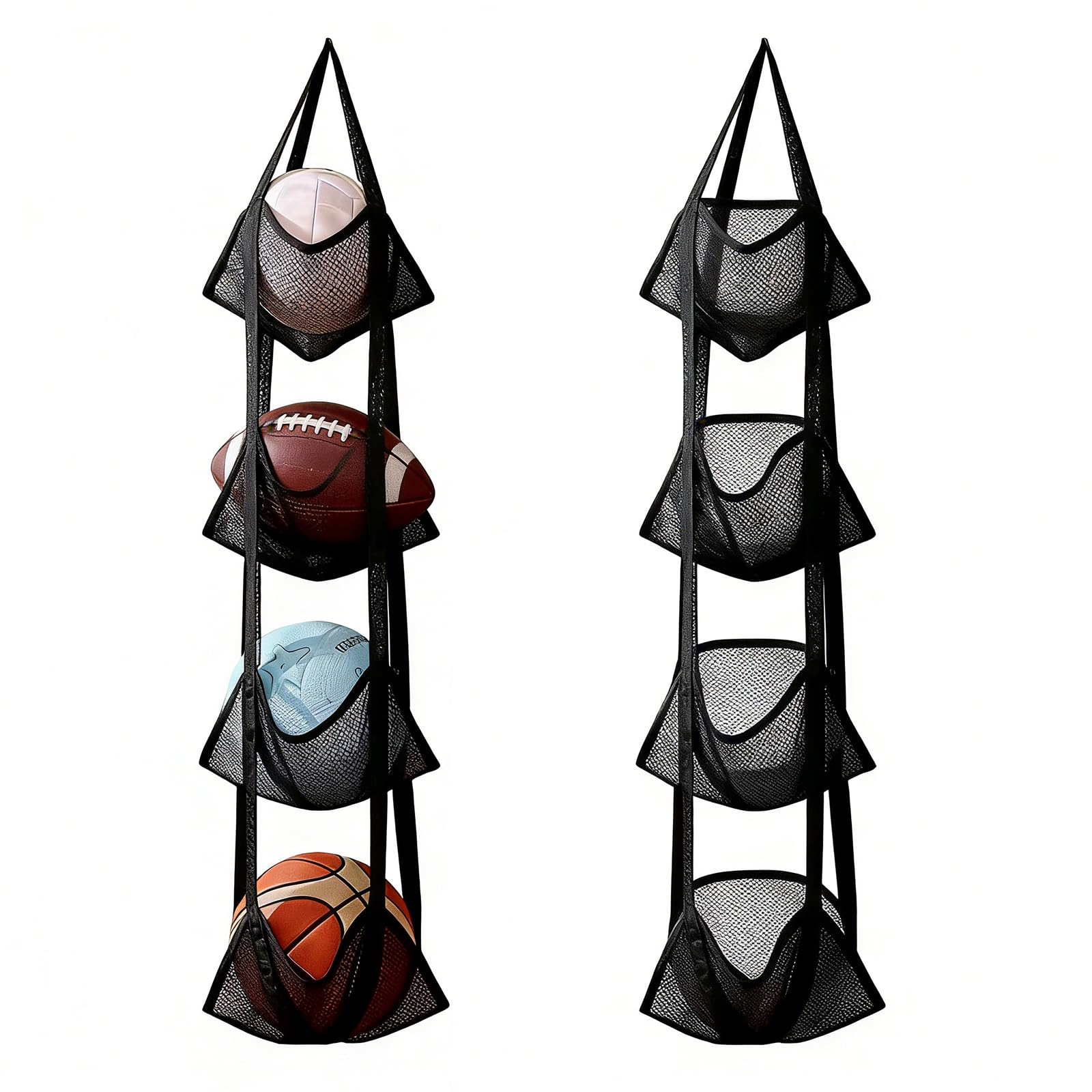 Rangement Ballon Mural Suspendu – Support Ballon 4 Niveaux, Filet de Rangement Ballons en Nylon pour Basketball Football Volleyball, Organisateur Gain de Place pour Garage, Cave, Salle de Sport (Noir)