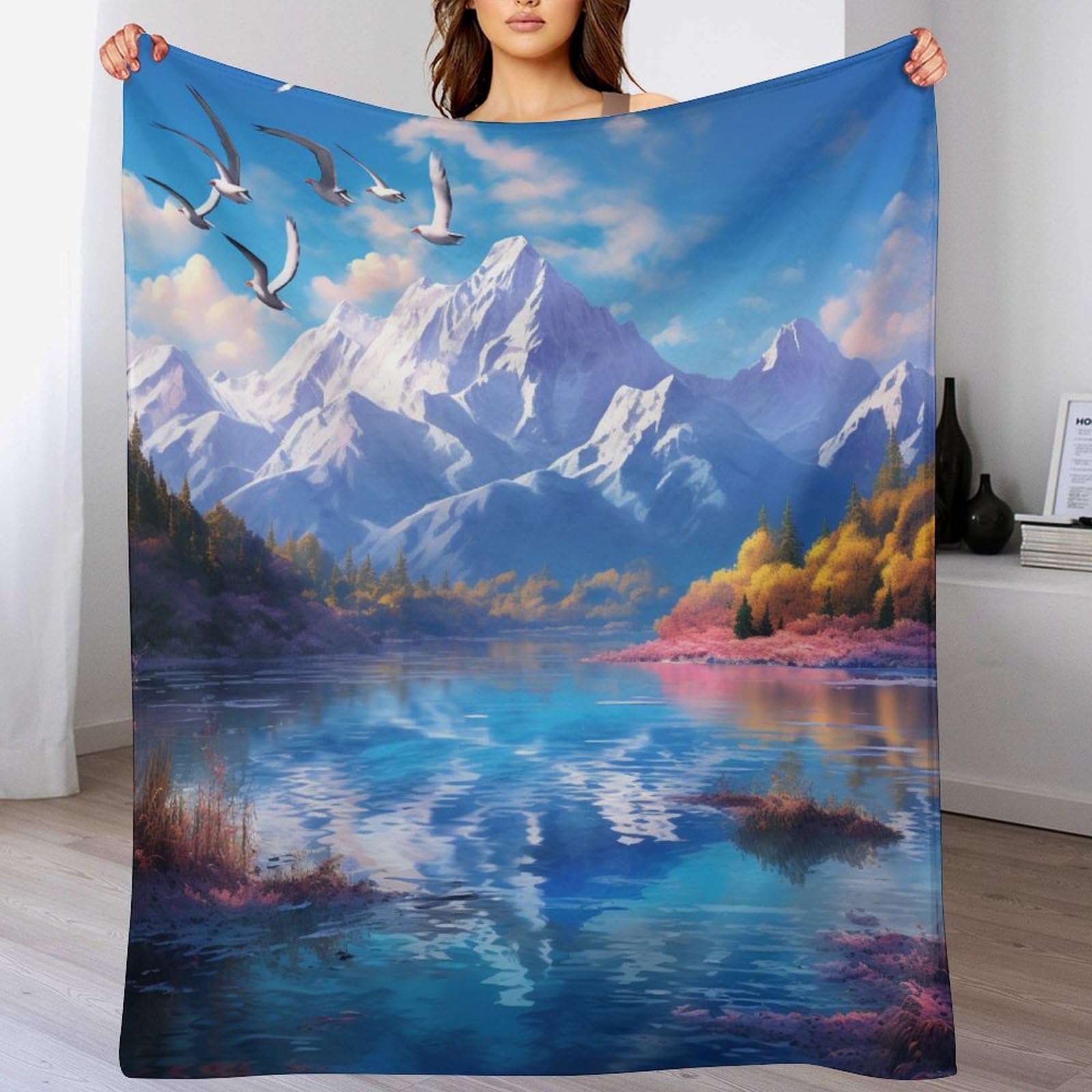 Couverture flannel lacs et montagnes enneigées 100x130cm chaude pour lit et canapé